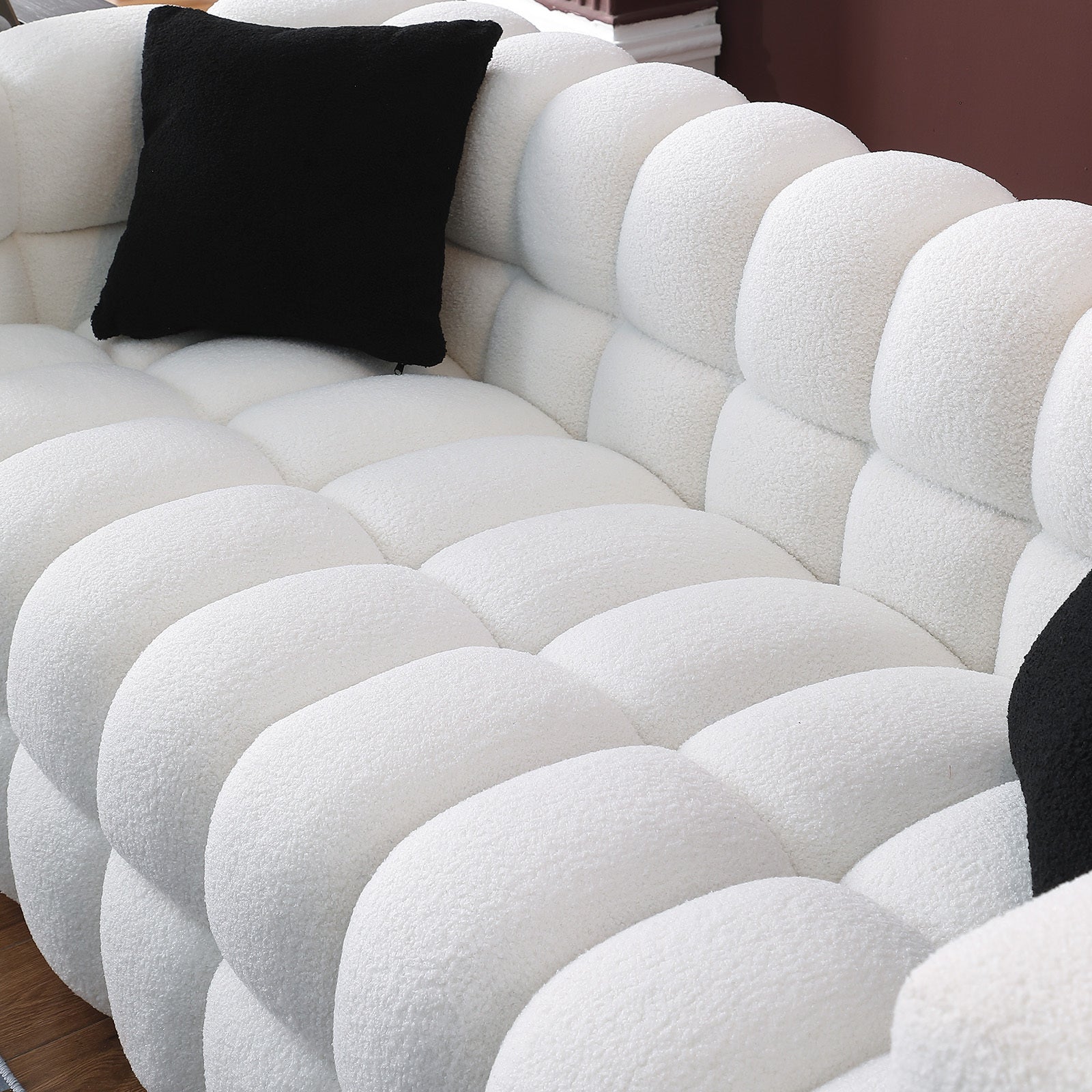 84.3 length ,35.83" deepth ,human body structure for USA people, marshmallow sofa,boucle sofa ,White color,3 seater