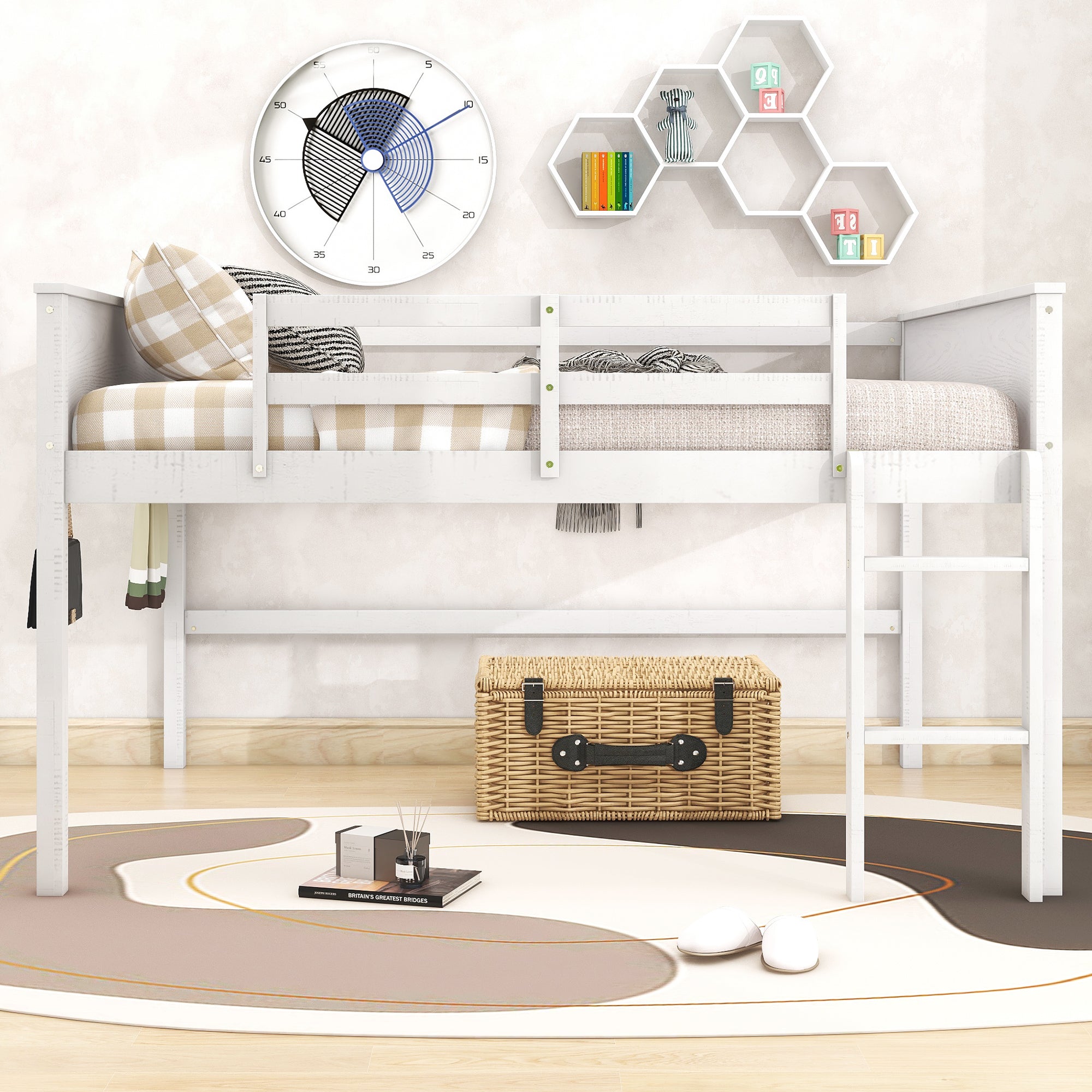 Wood Full Size Loft Bed with Hanging Clothes Racks, White - Atlantic Fine Furniture Melbourne FL