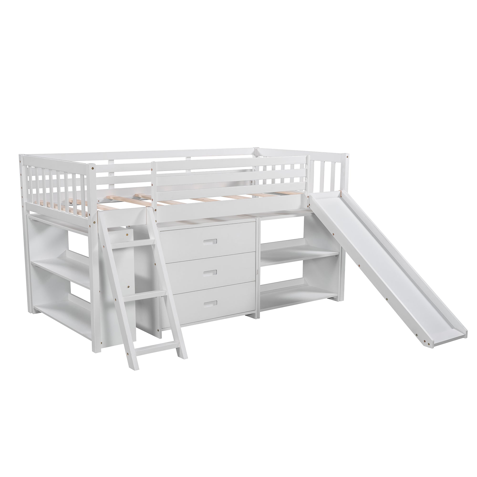 Low Loft Bed with Attached Bookcases and Separate 3-tier Drawers,Convertible Ladder and Slide,Twin,White - Atlantic Fine Furniture Melbourne FL