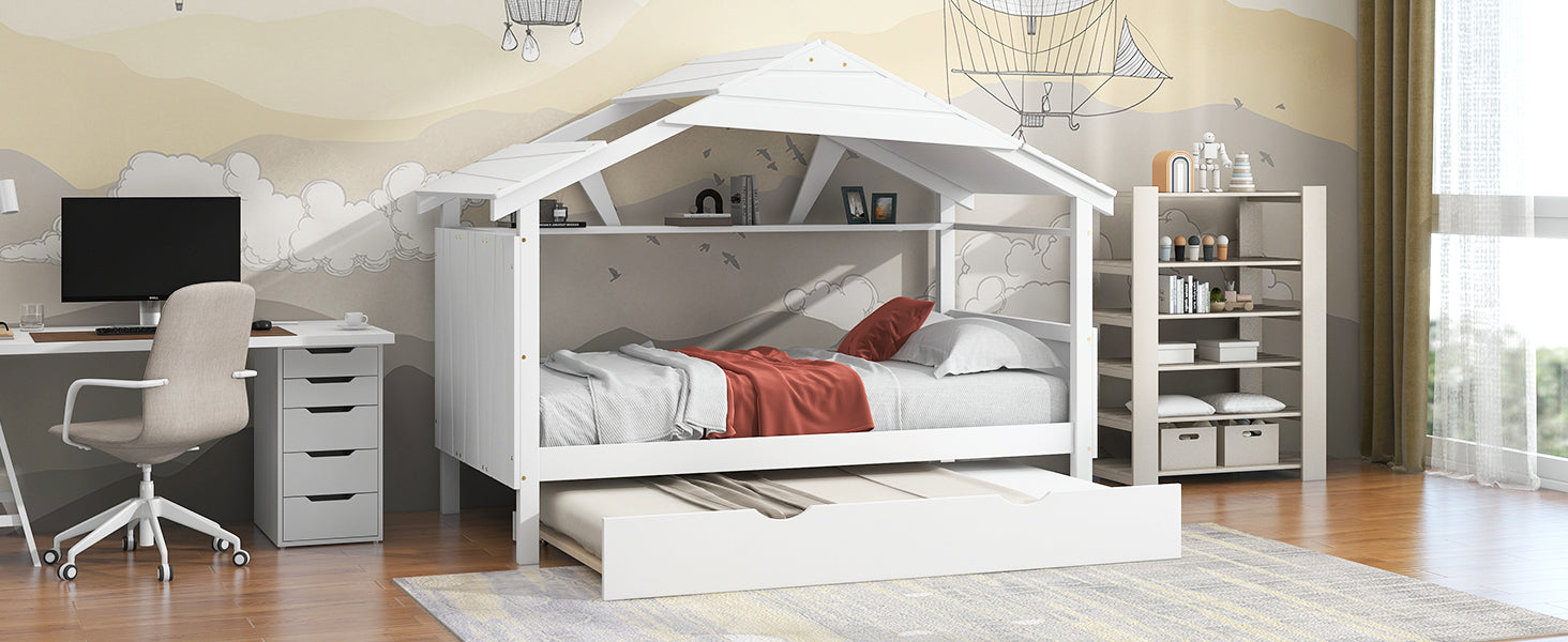 Wood Twin Size House Bed with Trundle and Storage, White - Atlantic Fine Furniture Melbourne FL