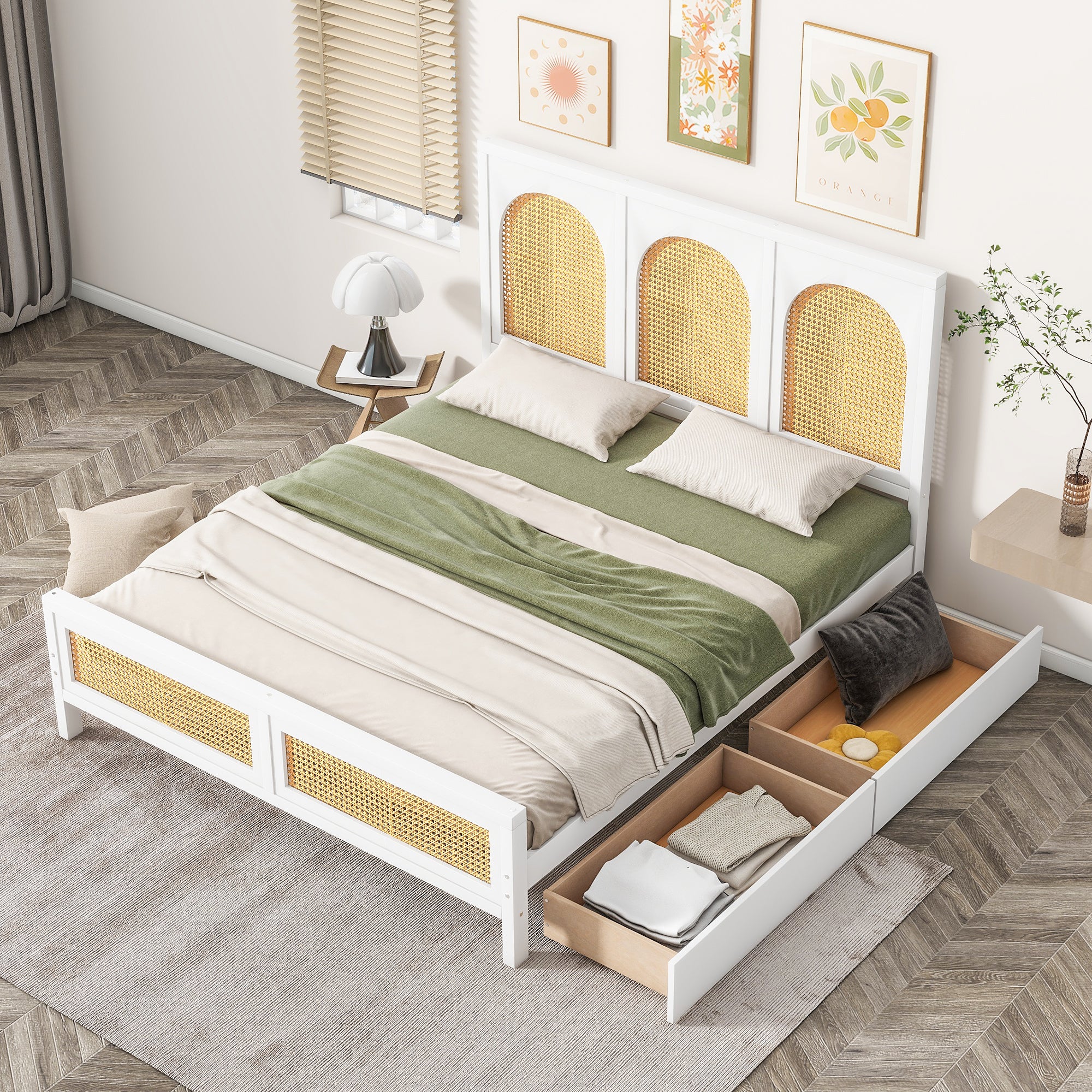 Full Size Wood Storage Platform Bed with 2 Drawers, Rattan Headboard and Footboard, White - Atlantic Fine Furniture Melbourne FL
