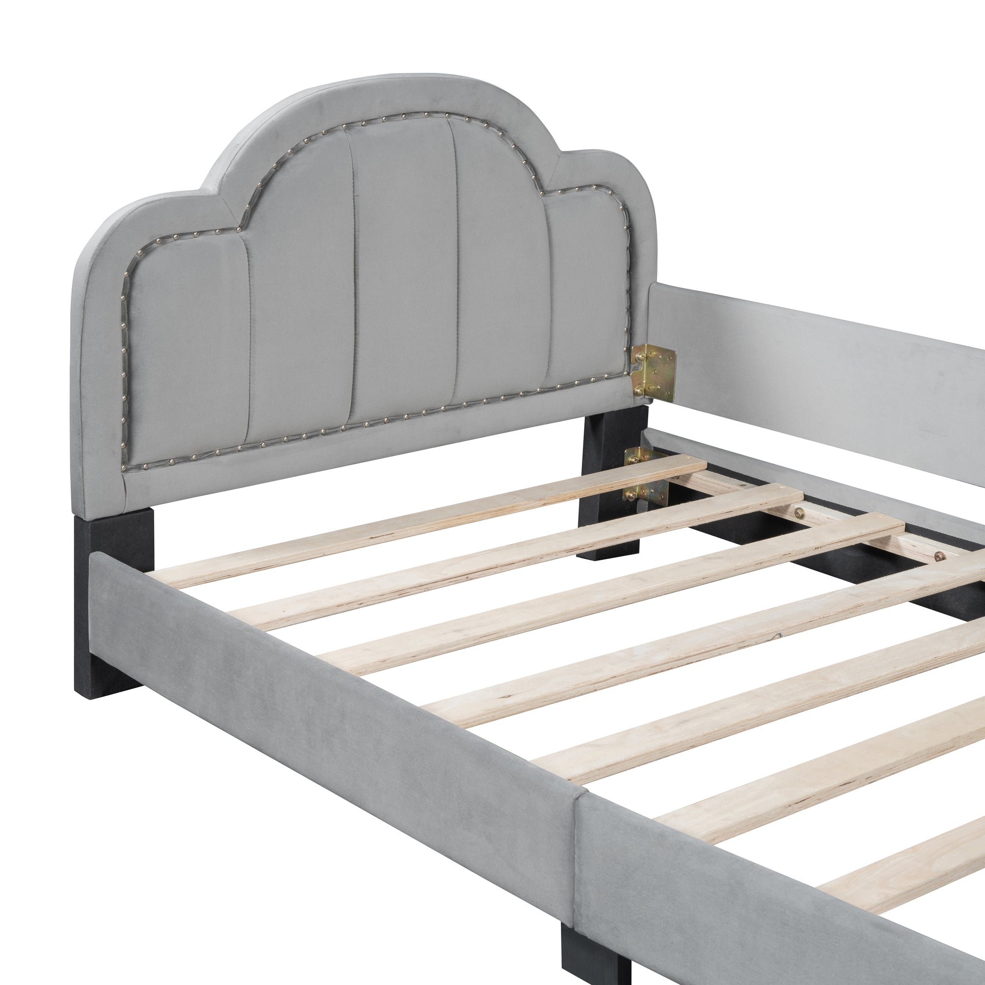 Twin Size Upholstered Daybed with Cloud Shaped Headboard, Embedded Elegant Copper Nail Design, Gray - Atlantic Fine Furniture Melbourne FL