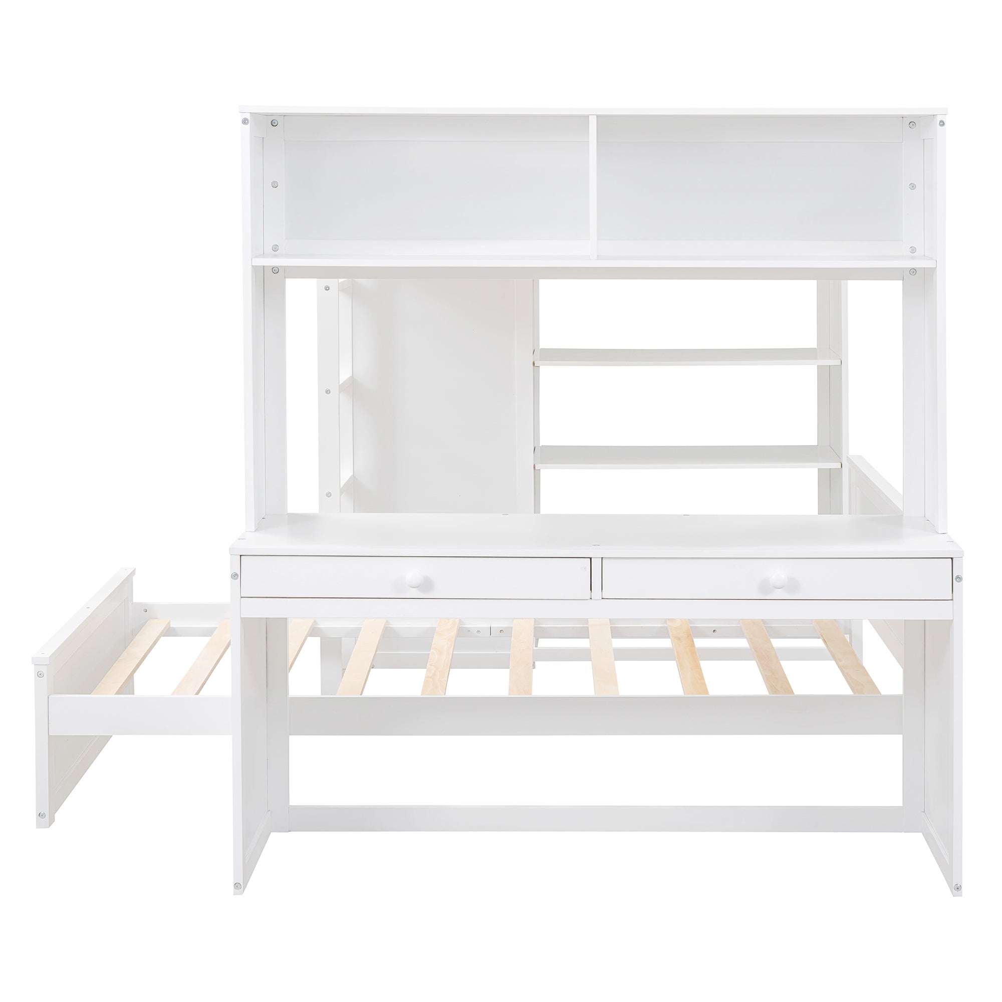 Full size Loft Bed with a twin size Stand-alone bed, Shelves,Desk,and Wardrobe-White