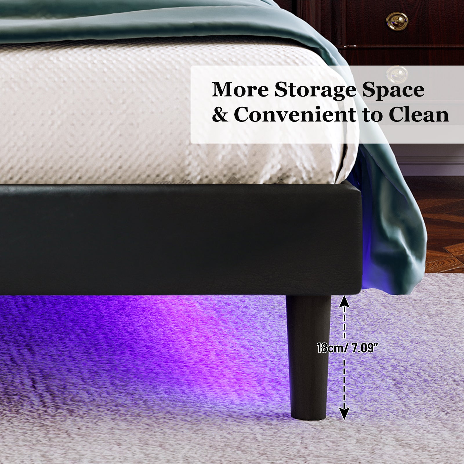 Stylish Queen Size PU Leather Upholstered Bed Frame Platform Bed with Lights Stitched Wing-backed Headboard Strong Wooden Slats Bed Canopy No Box Spring Needed Black - Atlantic Fine Furniture Melbourne FL
