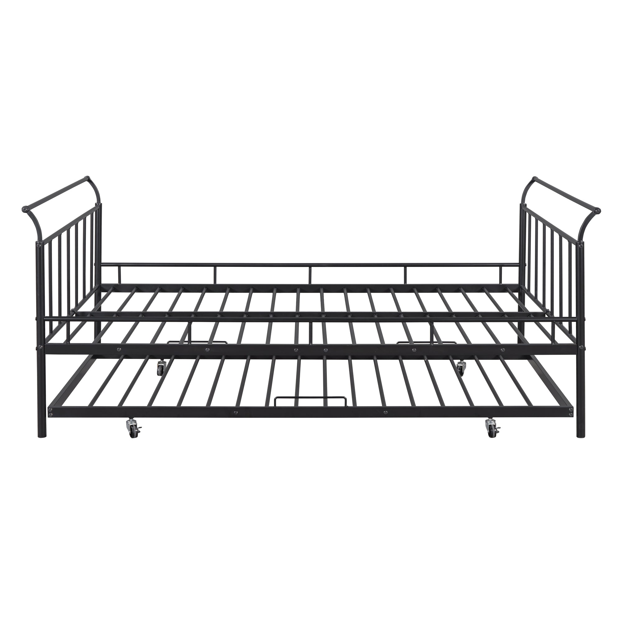 Full Size Metal Daybed with Curved Handle Design and Twin Size Trundle, Black