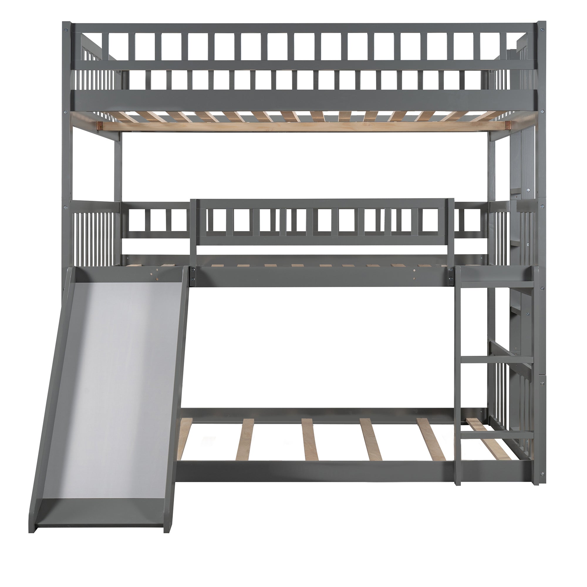 Full-Over-Full-Over-Full Triple Bed with Built-in Ladder and Slide , Triple Bunk Bed with Guardrails, Gray(OLD SKU :LP000052AAE) - Atlantic Fine Furniture Melbourne FL