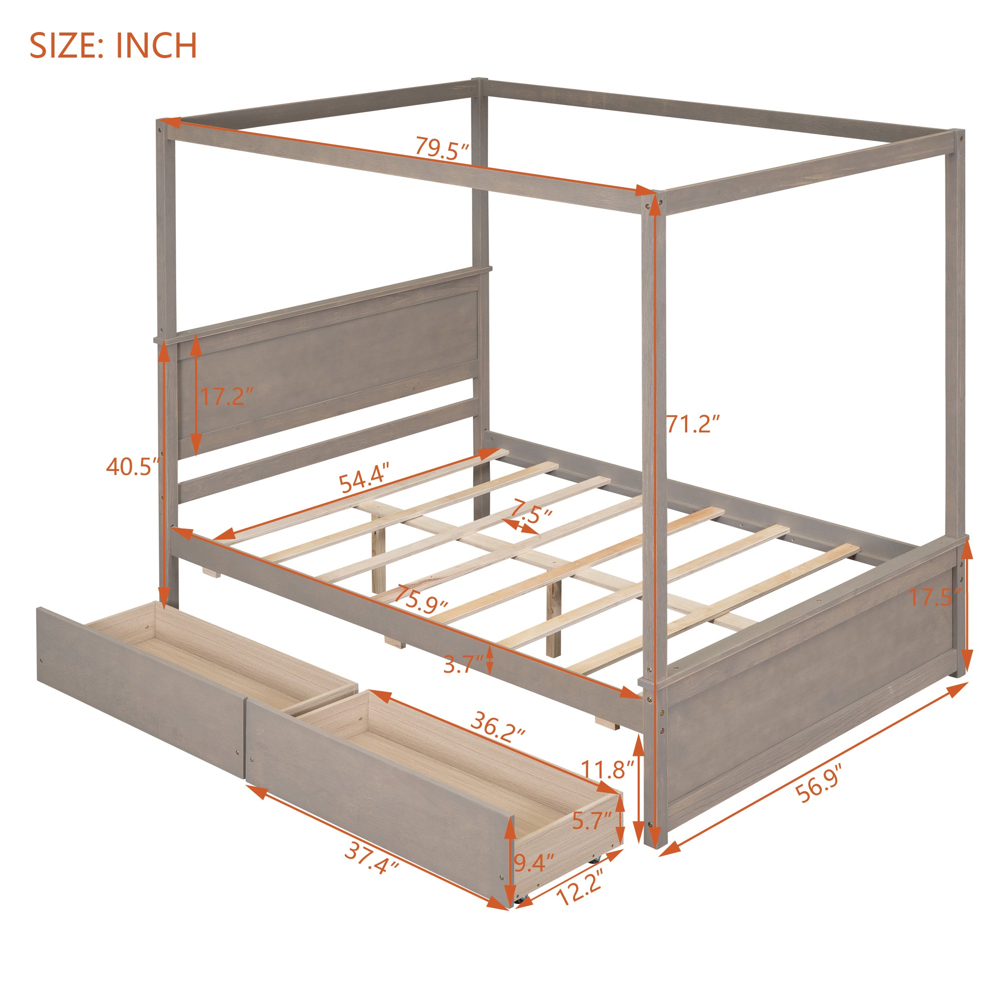 Wood Canopy Bed with two Drawers, Full Size Canopy Platform bed With Support Slats .No Box Spring Needed, Brushed Light Brown - Atlantic Fine Furniture Melbourne FL