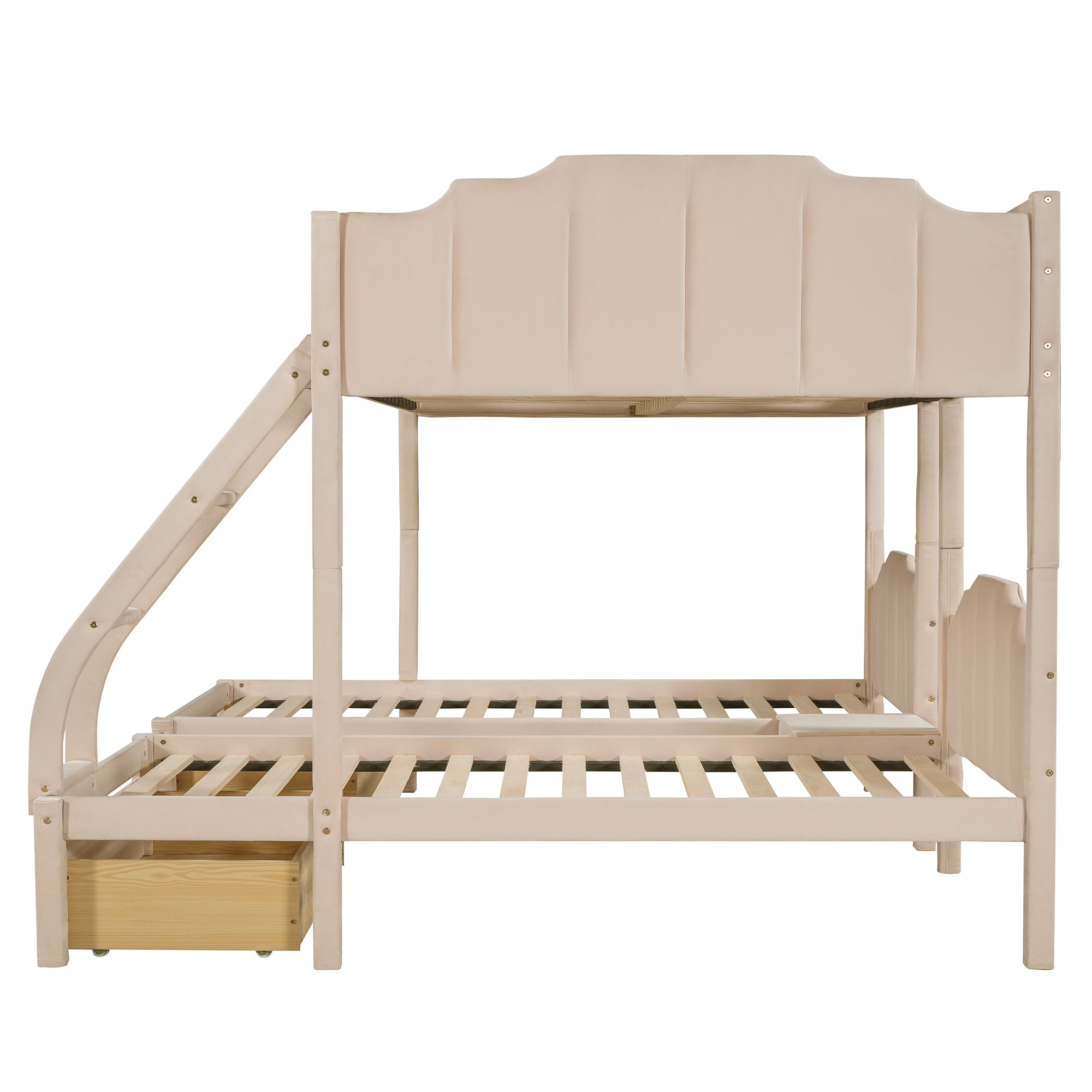Full Over Twin & Twin Bunk Bed, Velvet Triple Bunk Bed with Drawers and Guardrails, Beige - Atlantic Fine Furniture Melbourne FL