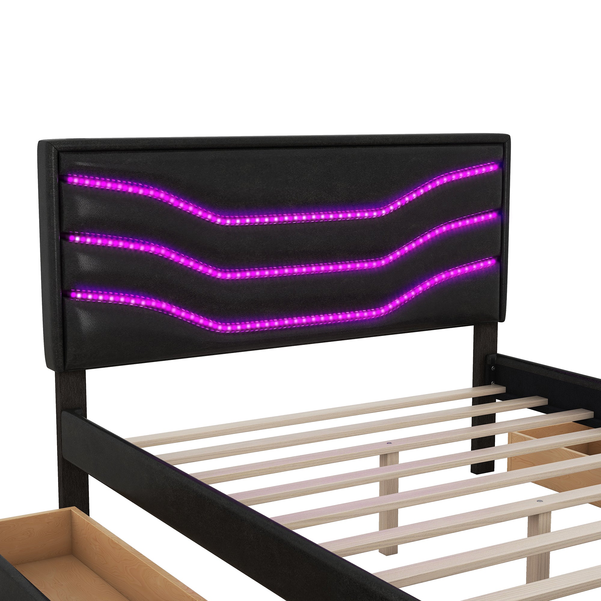 Queen Size Upholstered Storage Platform Bed with LED, 4 Drawers and USB Charging, Black - Atlantic Fine Furniture Melbourne FL