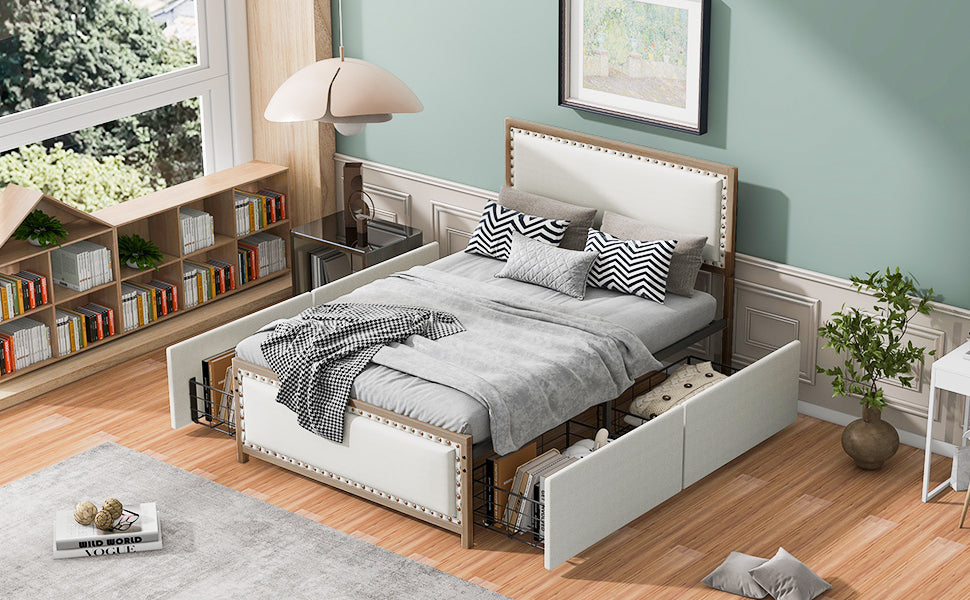 Full Size Upholstered Platform Bed with Nailhead Decoration and 4 Drawers, Brown - Atlantic Fine Furniture Melbourne FL