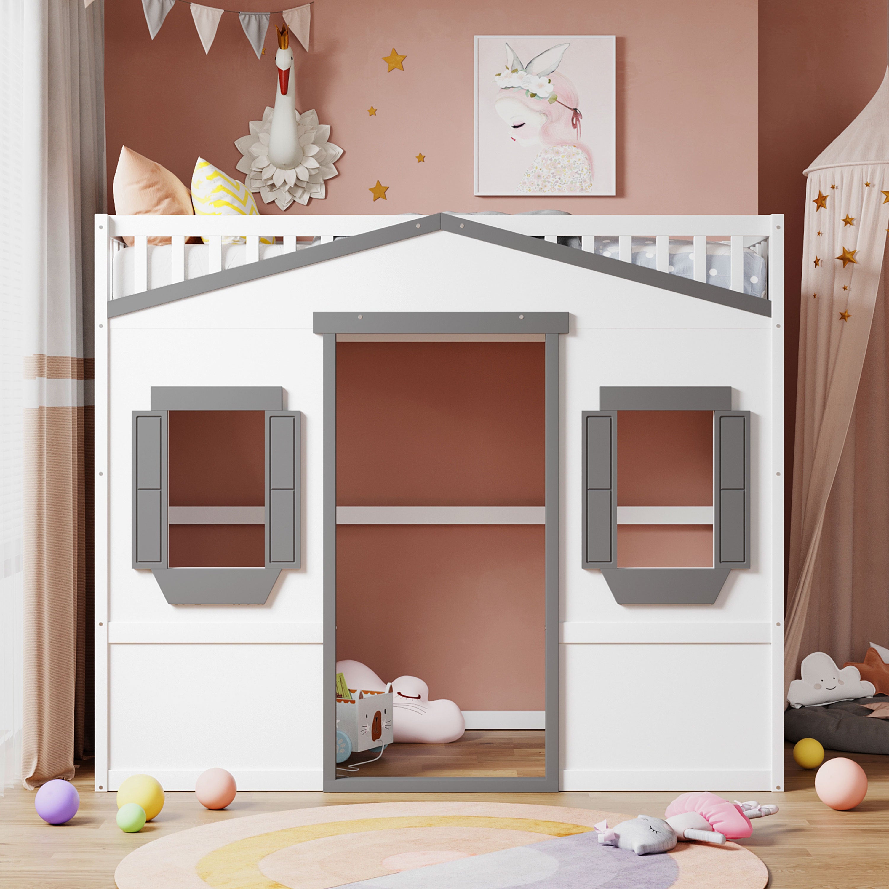 Twin Size House Loft Bed With Ladder-White+Gray Frame - Atlantic Fine Furniture Melbourne FL