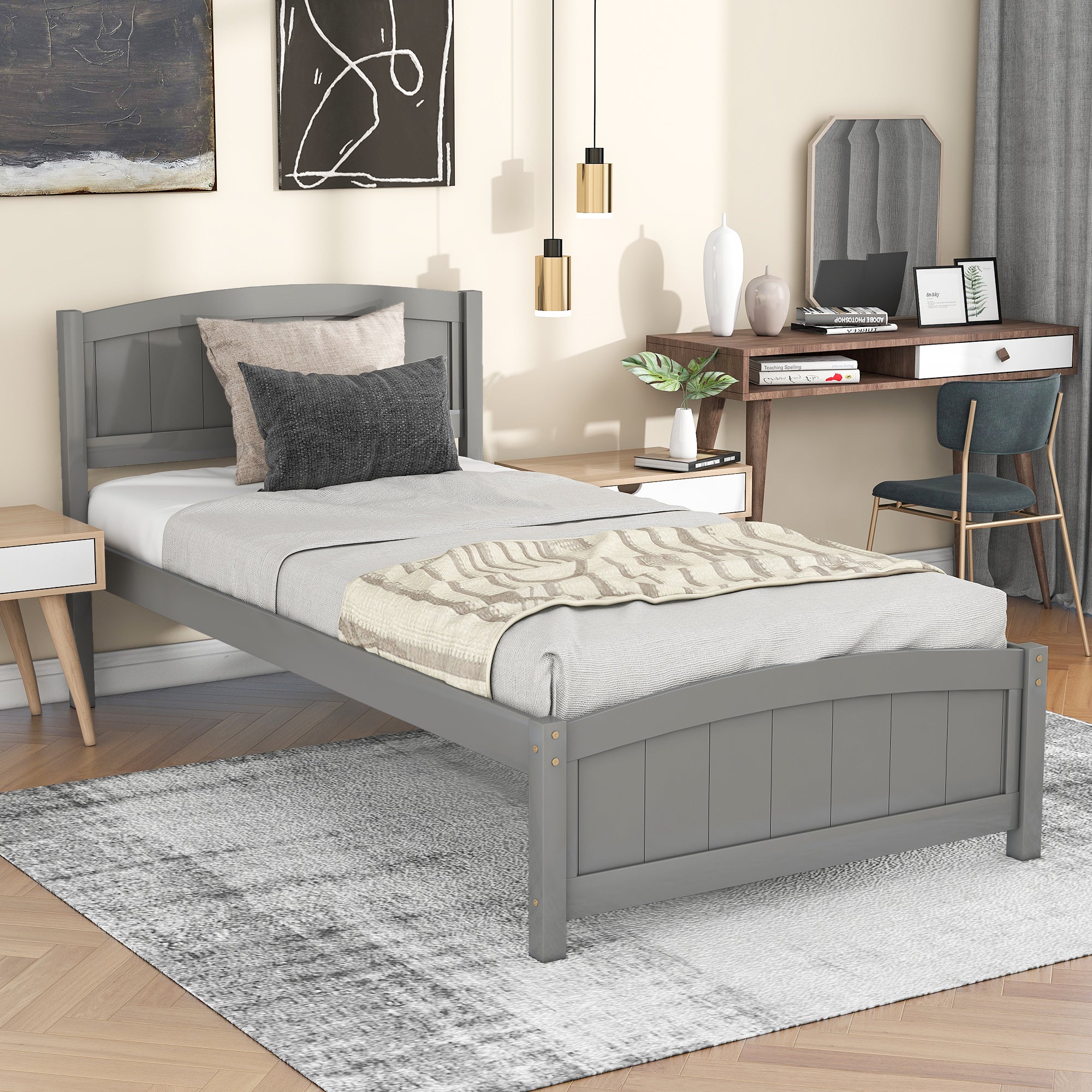 Wood Platform Bed with Headboard,Footboard and Wood Slat Support, Gray - Atlantic Fine Furniture Melbourne FL