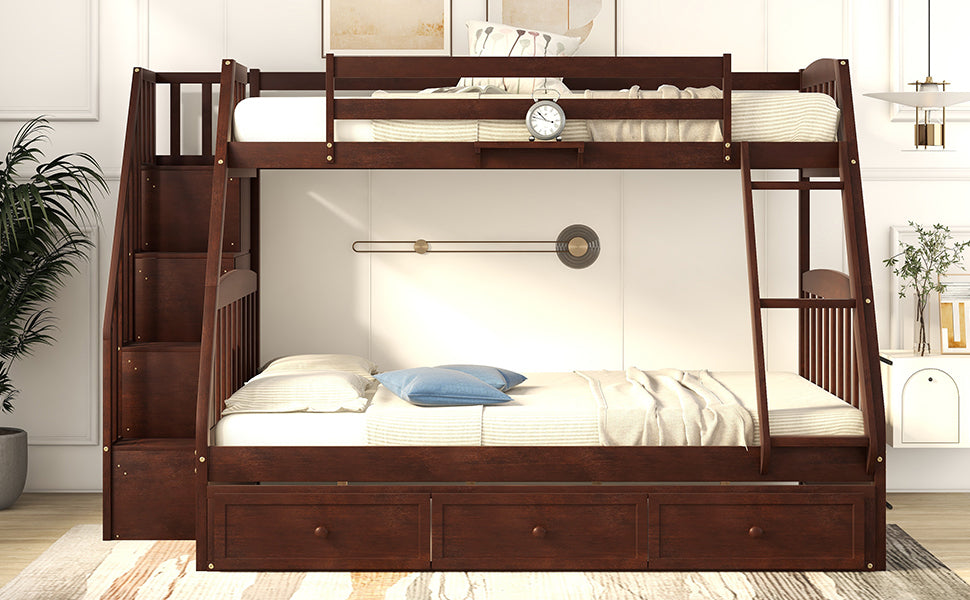 Twin-Over-Full Bunk Bed with Drawers,Ladder and Storage Staircase, Espresso
