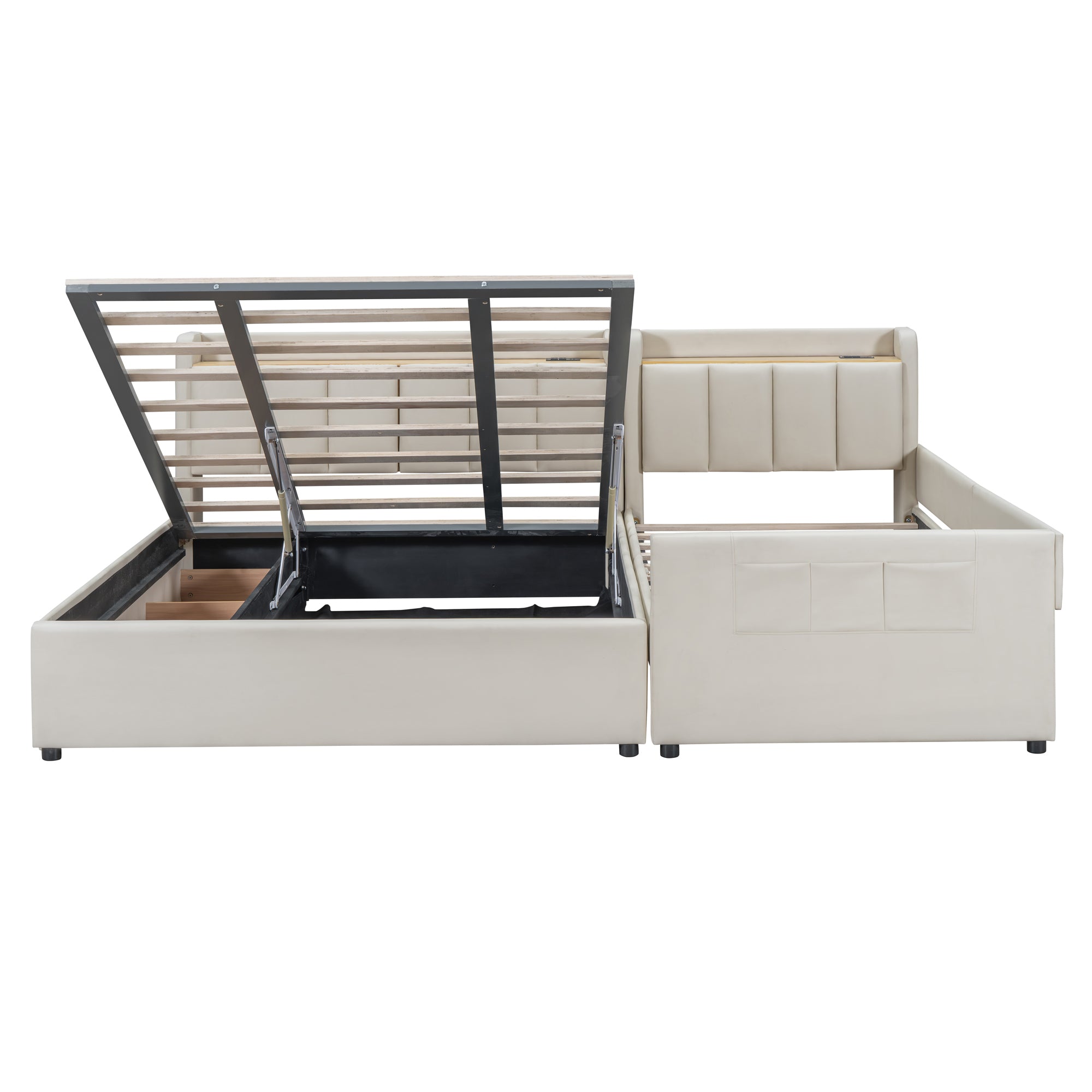 Queen Size & Twin XL Size Upholstered Platform Bed, Mother & Child Bed with Hydraulic Storage System, Drawer Box, Bedhead storage shelf and Two pairs of sockets & USB Ports, PU Leather, Beige