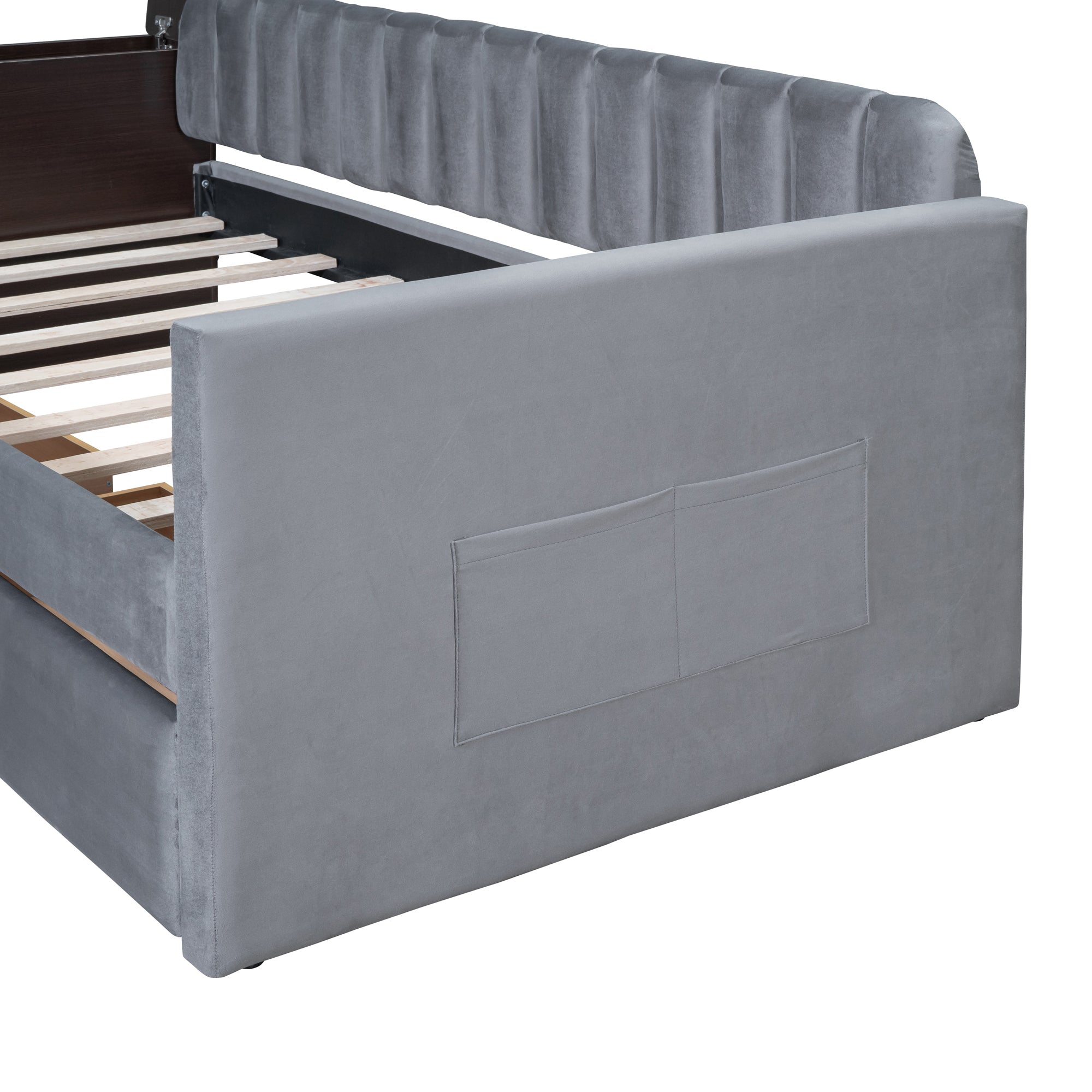 Twin Size Upholstered Daybed with Storage Armrest and 2 Drawers, Multi-functional Daybed with Cup Holder and a set of USB Ports and Sockets, Gray - Atlantic Fine Furniture Melbourne FL