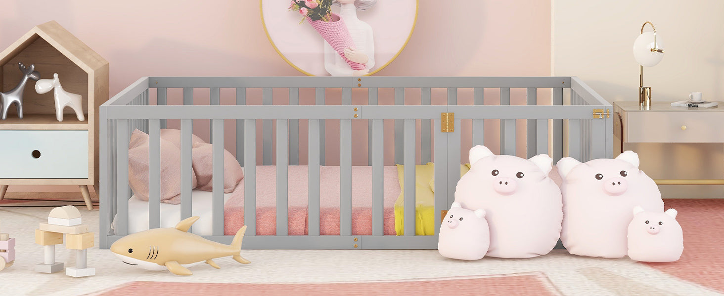 Full Size Wood Daybed Frame with Fence, Gray(OLD SKU:WF289662AAE)