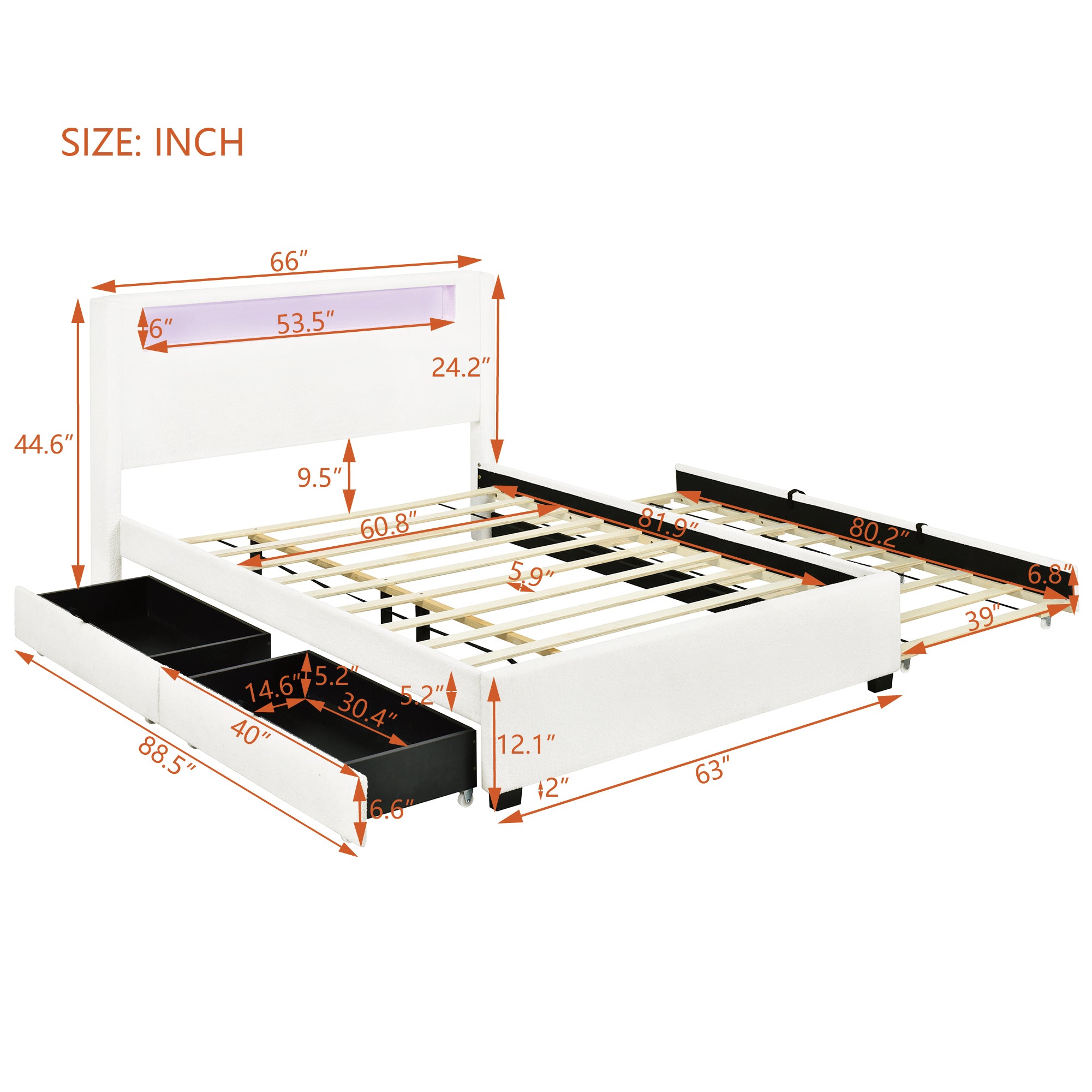 Queen Size Upholstered Platform Bed with LED Frame, with Twin XL Size Trundle and 2 drawers, Teddy Fleece, White - Atlantic Fine Furniture Melbourne FL