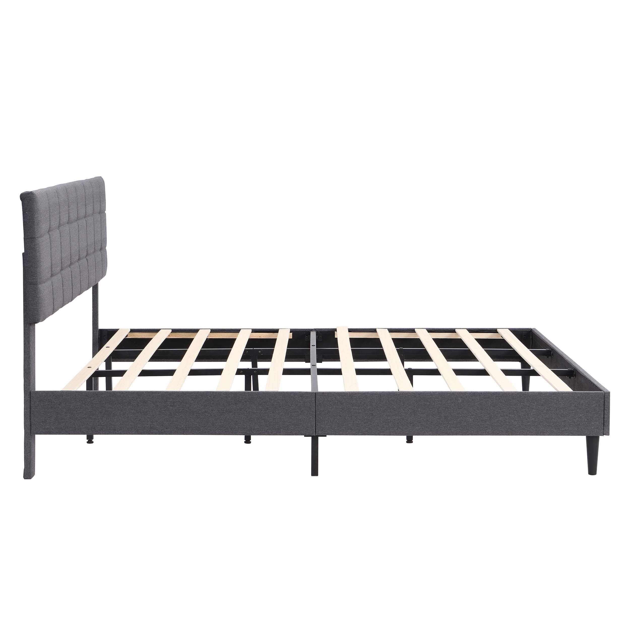 King Size Platform Bed Frame with Fabric Upholstered Headboard and Wooden Slats, No Box Spring Needed/Easy Assembly, Dark Grey - Atlantic Fine Furniture Melbourne FL