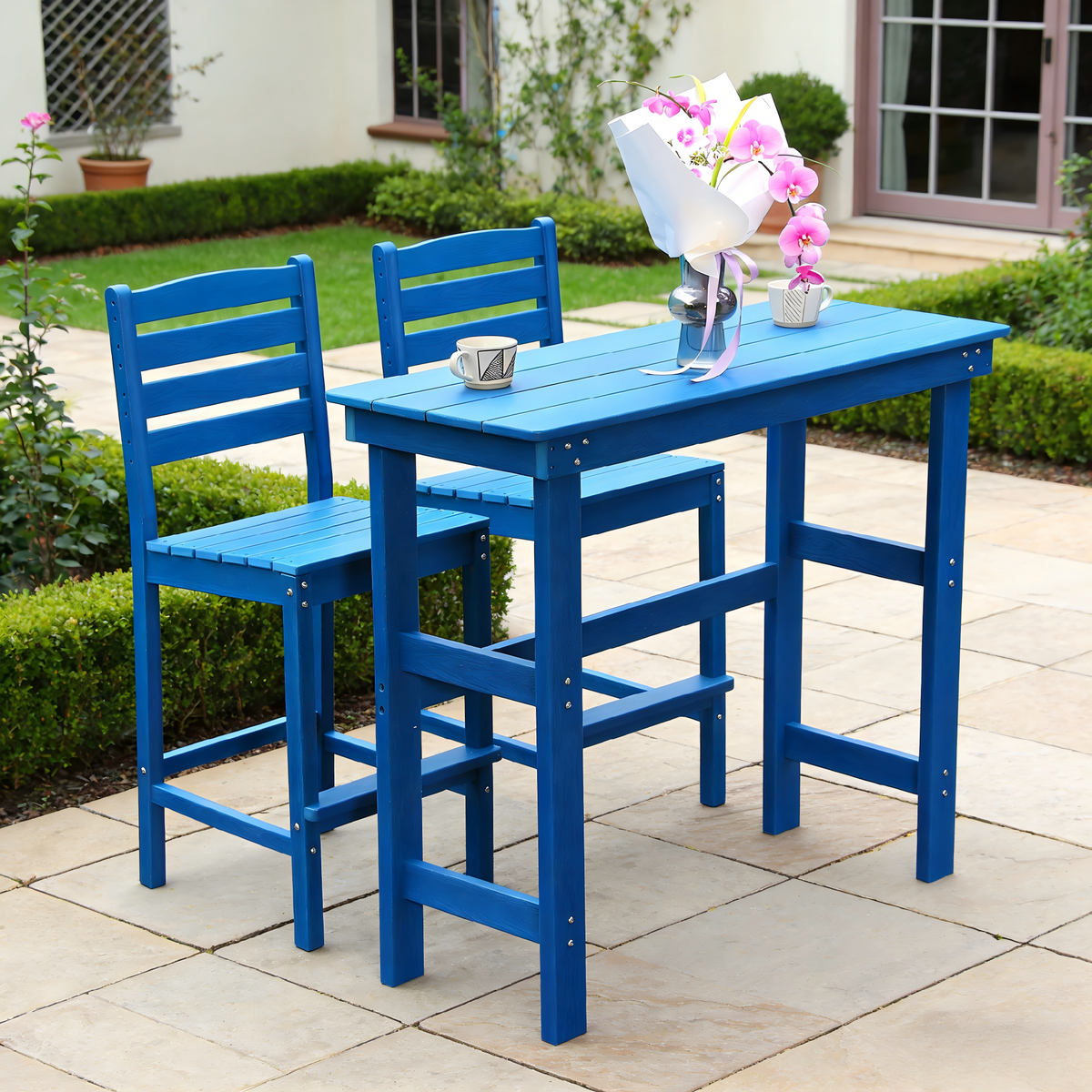 Patio Life Adirondack Outdoor Bar Table with 2 High-Back Bar Chairs - Lake Blue