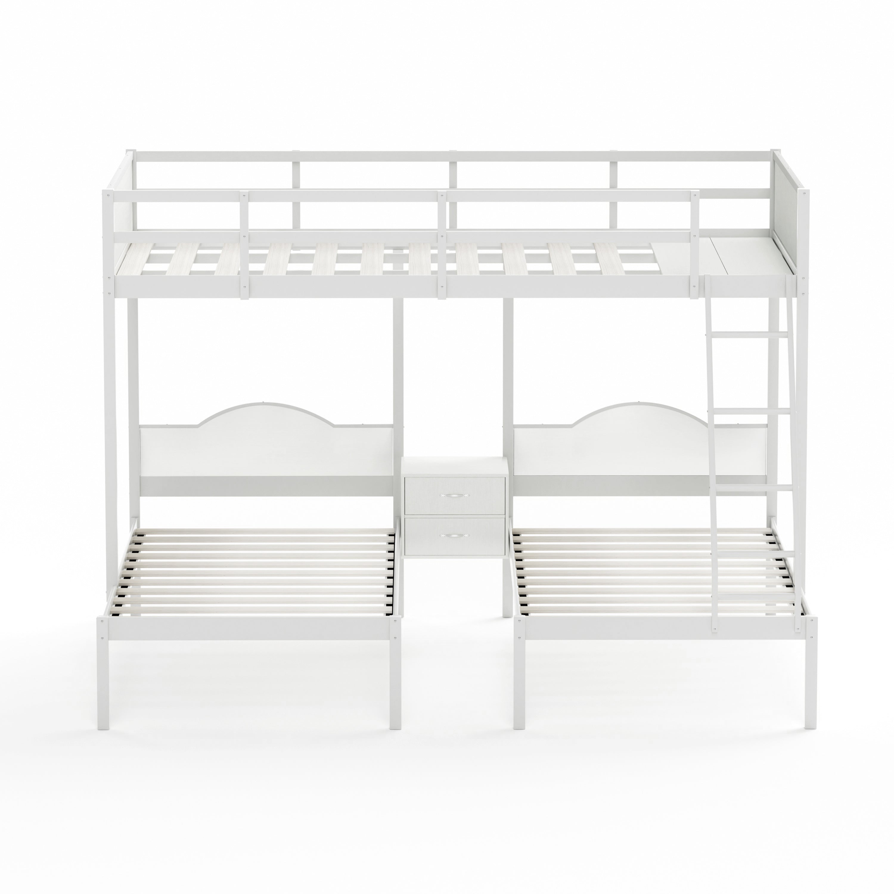 Full Over Twin & Twin Bunk Bed Metal Triple Bed With Nightstand and Guardrails. White, 96.9'' L x 76'' W x 69'' H