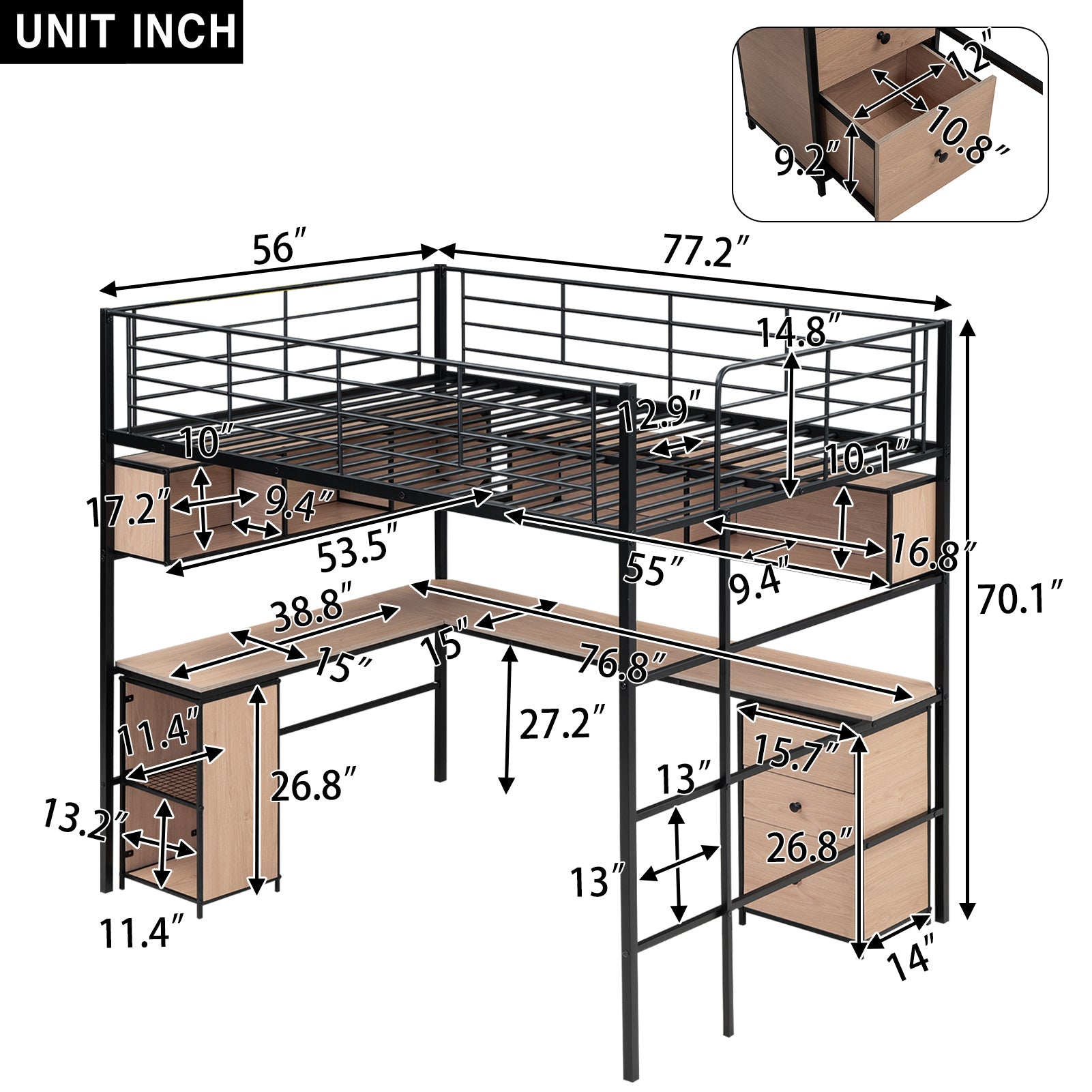Metal Loft Bed with bookcase, desk and cabinet, Full, Black - Atlantic Fine Furniture Melbourne FL