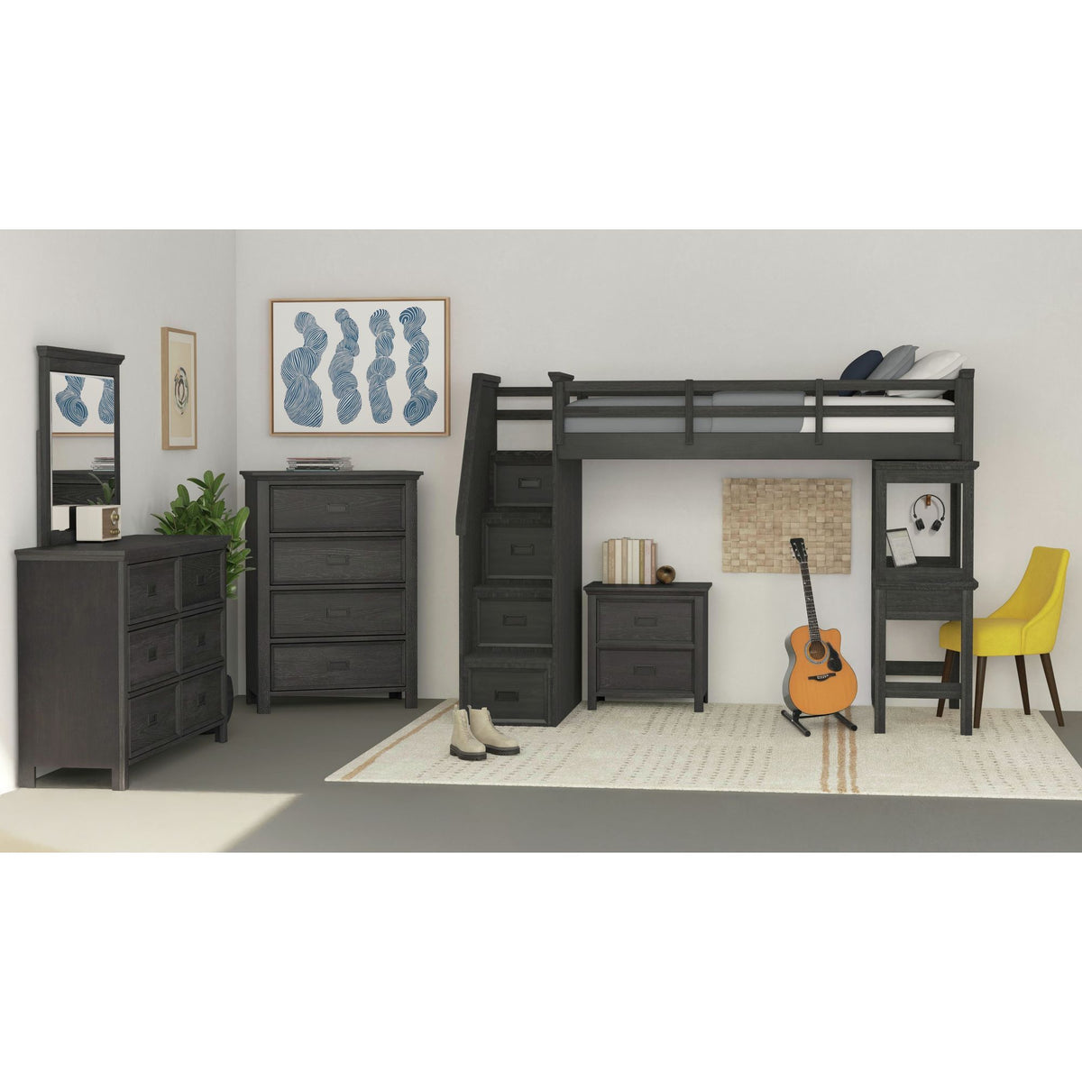 Hampton Kids Loft With Staircase And Desk With Speaker in Black by Elements International, view 5