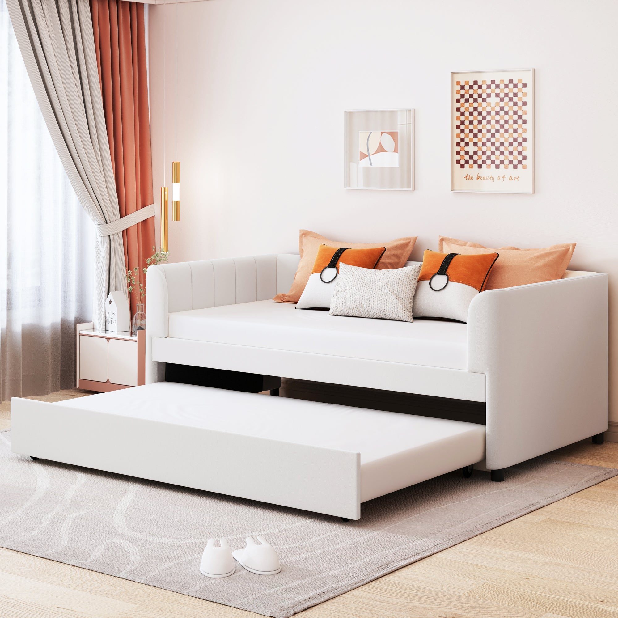 Twin Size Upholstered Daybed with Ergonomic Design Backrest and Trundle, Beige - Atlantic Fine Furniture Melbourne FL