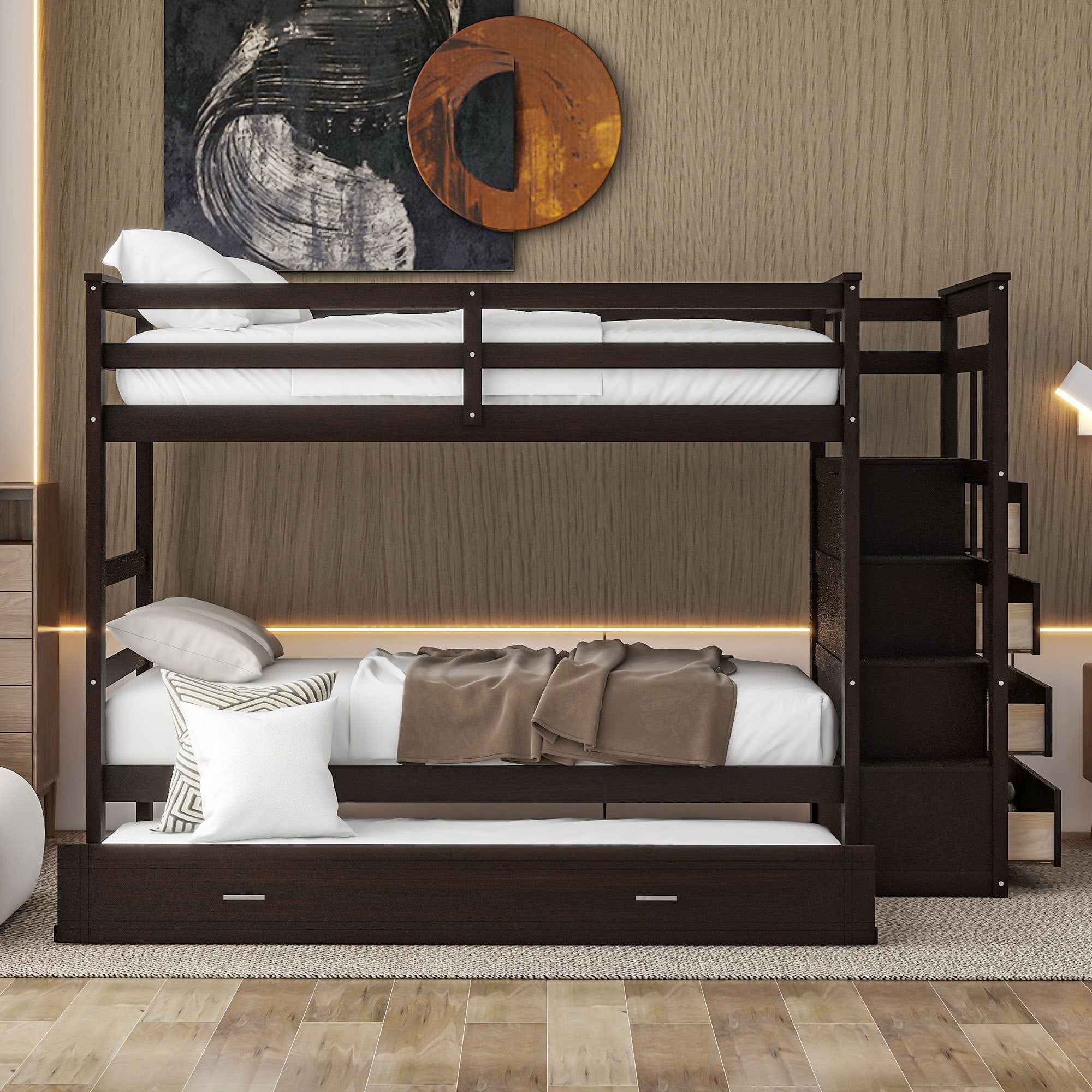 Twin Over Twin Bunk Bed with Trundle and Staircase,Espresso(OLD SKU:LT000068AAP) - Atlantic Fine Furniture Melbourne FL
