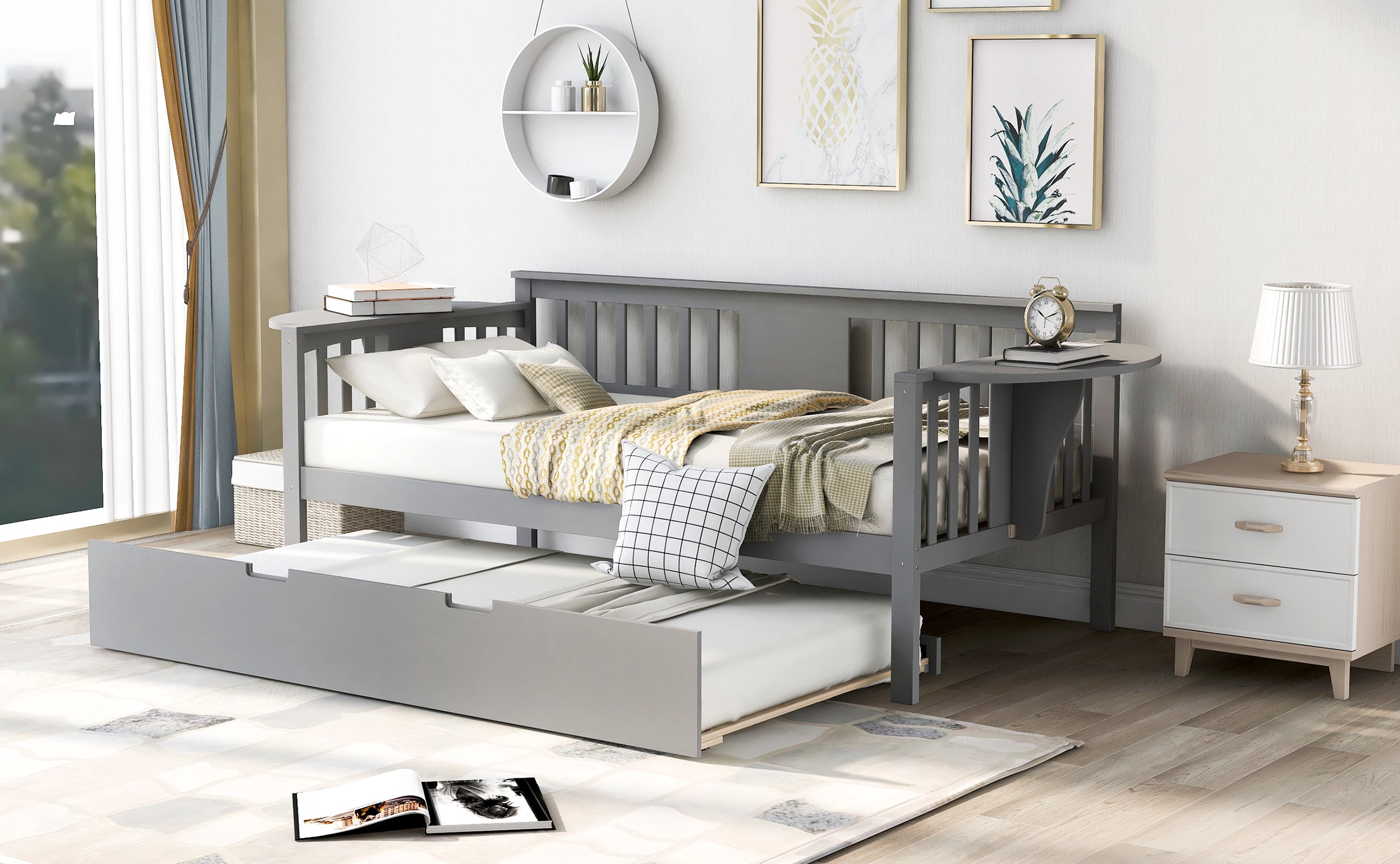 Twin Wooden Daybed with Trundle Bed , Sofa Bed for Bedroom Living Room, Gray