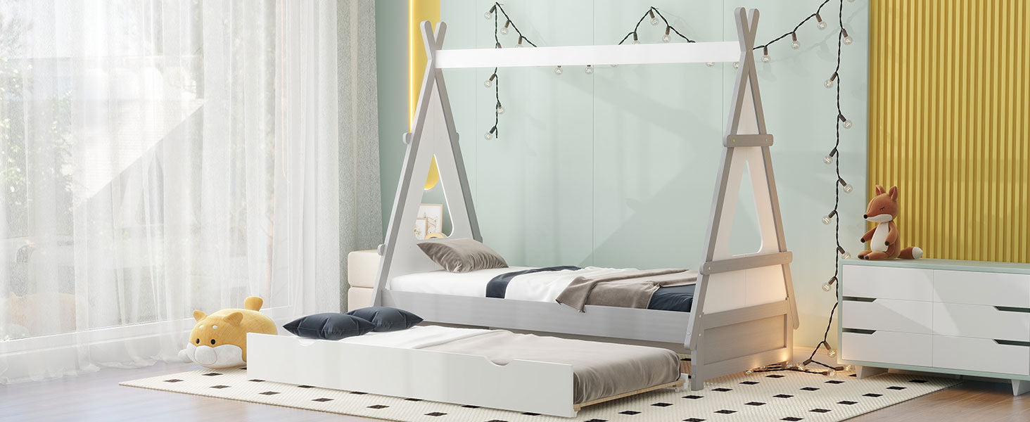 Twin Size Tent Floor Bed with Pull-out Twin Size Trundle, White - Atlantic Fine Furniture Melbourne FL