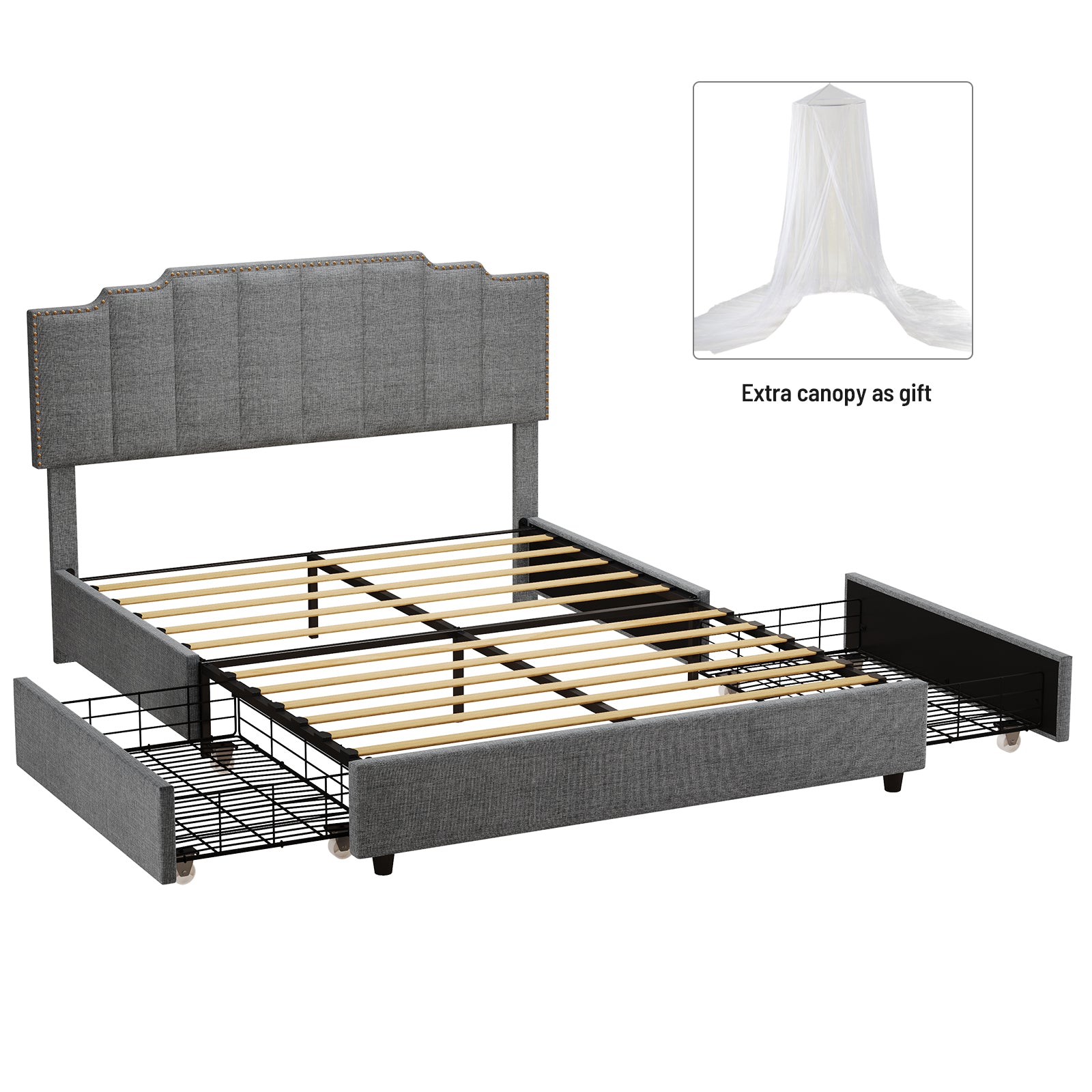 Queen Size Upholstered Platform Bed Linen Bed Frame with 2 Drawers Stitched Padded Headboard with Rivets Design Strong Bed Slats System No Box Spring Needed Grey - Atlantic Fine Furniture Melbourne FL