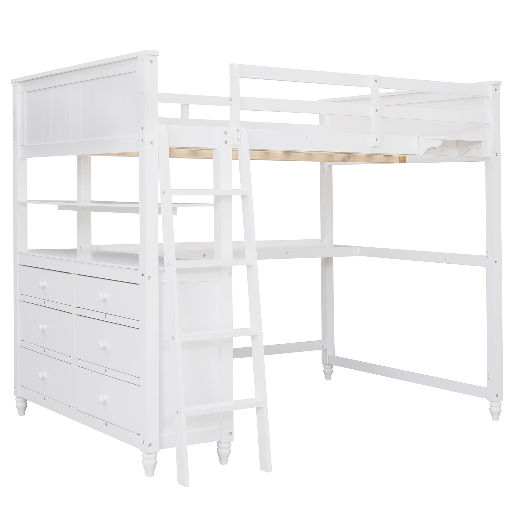 Full size Loft Bed with Drawers and Desk, Wooden Loft Bed with Shelves - White(OLD SKU:LT001529AAK) - Atlantic Fine Furniture Melbourne FL