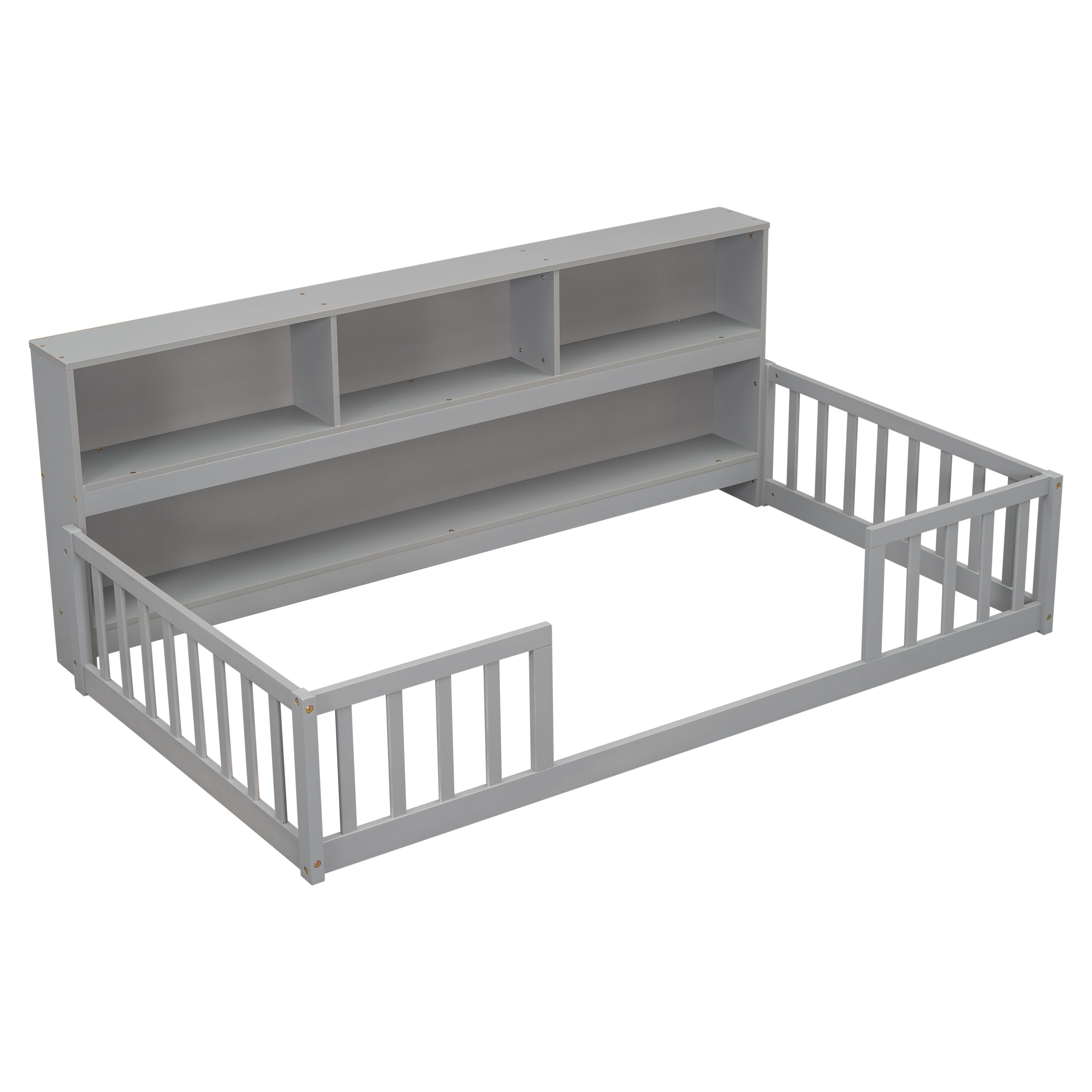 Twin Floor Bed with Bedside Bookcase,Shelves,Guardrails,Grey