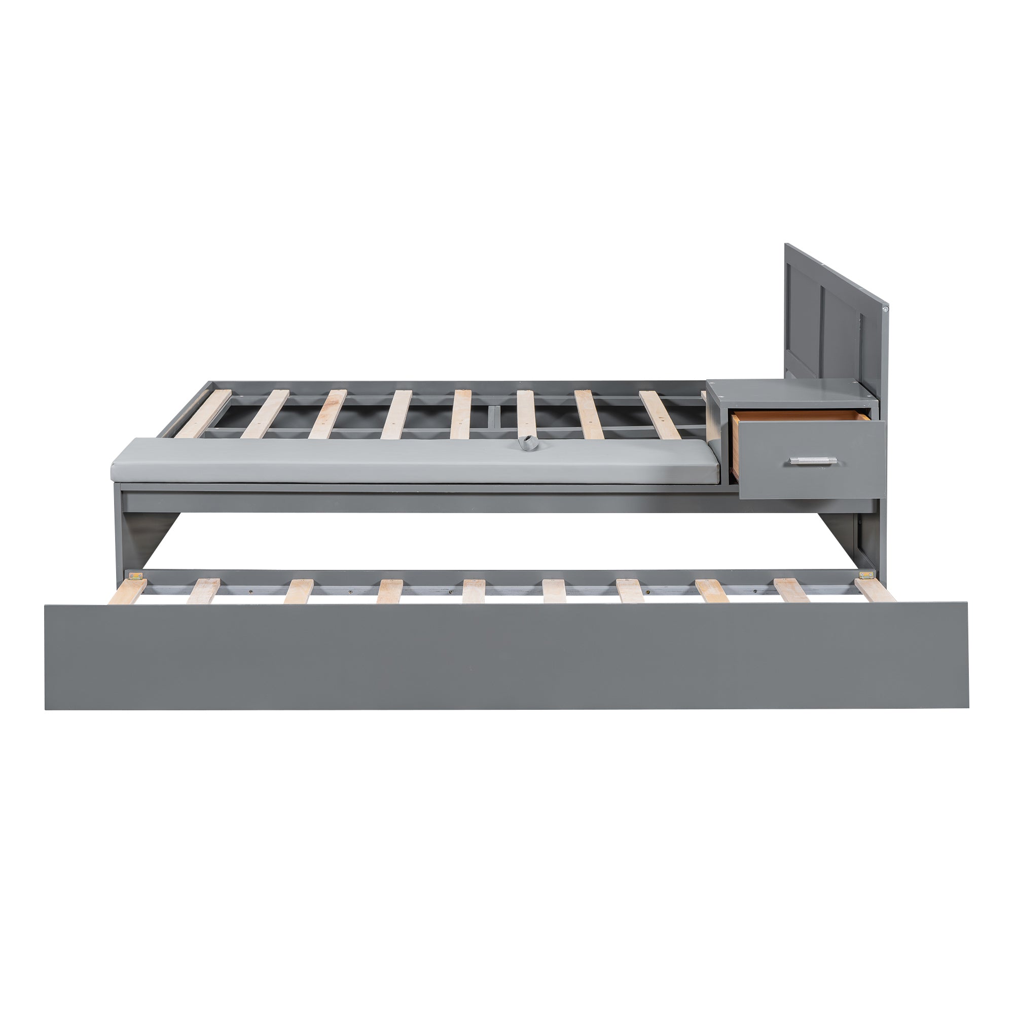 Full Size Wood Storage Hydraulic Platform Bed with Twin Size Trundle, Side Table and Lounge, Gray - Atlantic Fine Furniture Melbourne FL