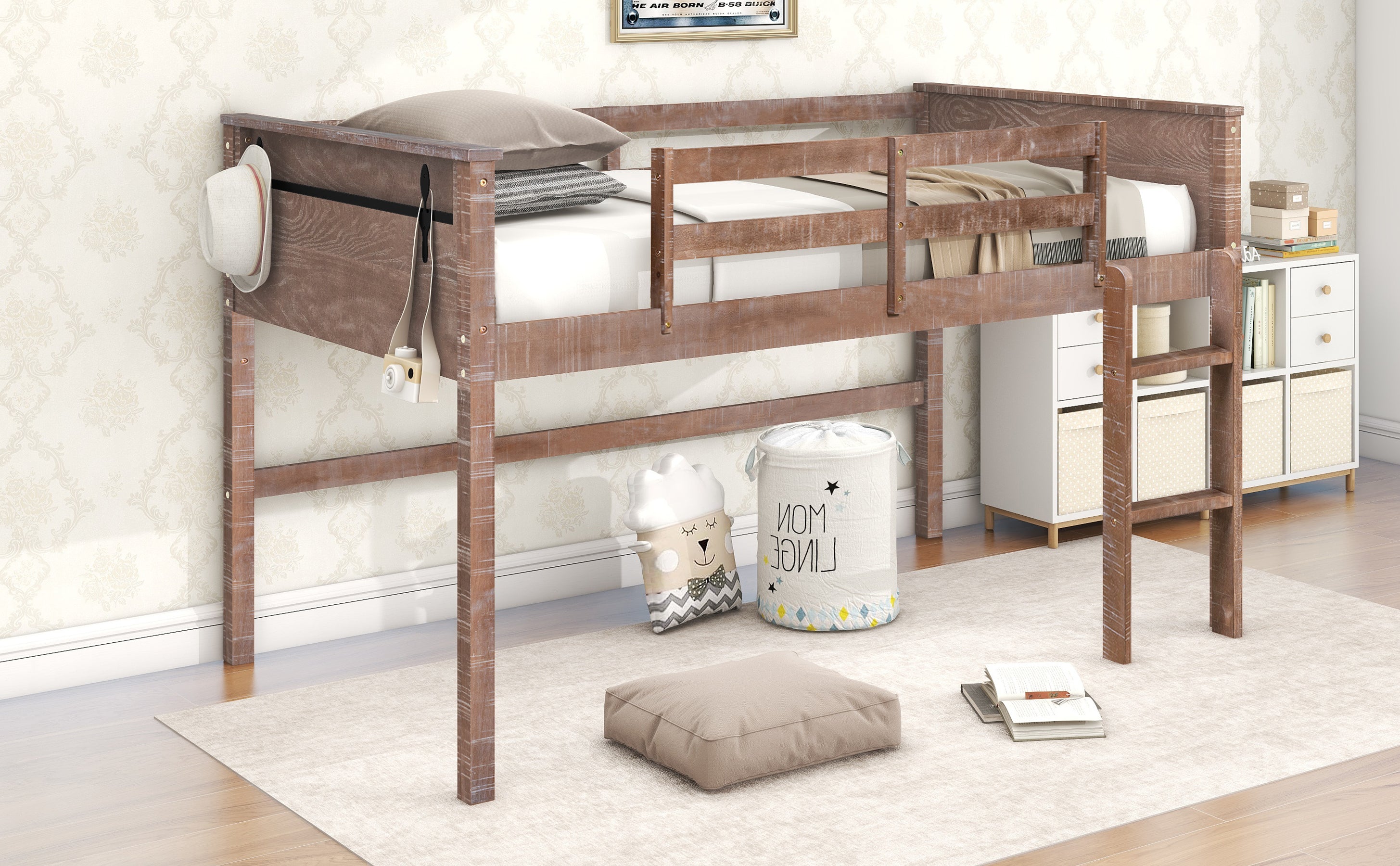 Wood Twin Size Loft Bed with Hanging Clothes Racks, White Rustic Natural - Atlantic Fine Furniture Melbourne FL