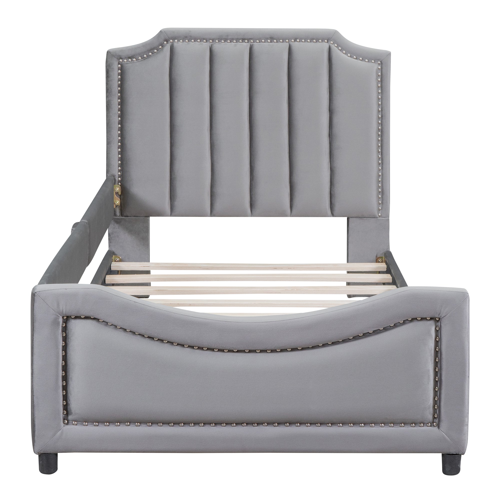 Twin Size Upholstered Daybed with Classic Stripe Shaped Headboard, Gray - Atlantic Fine Furniture Melbourne FL
