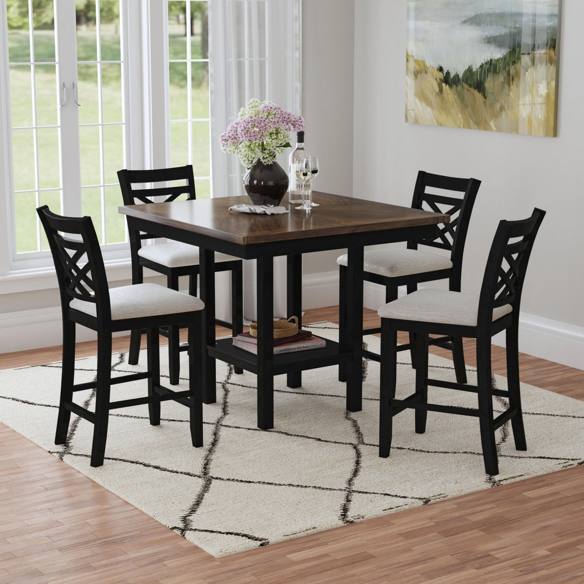 Brooks 5 Piece Counter Set With Table And 4 Upholstered Seat & Wood Back Chairs in Medium Brown & Black by Elements International, view 14
