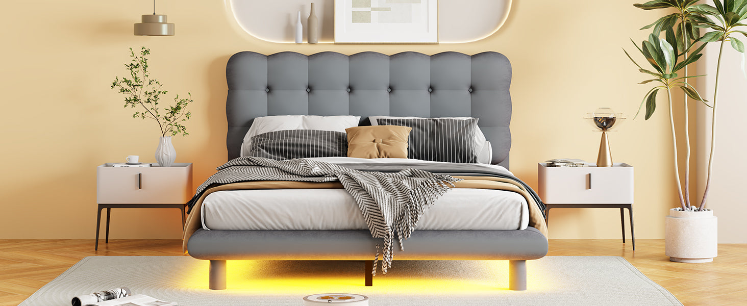 Full Size Velvet Platform Bed with LED Frame, Thick & Soft Fabric and Button-tufted Design Headboard, Gray - Atlantic Fine Furniture Melbourne FL