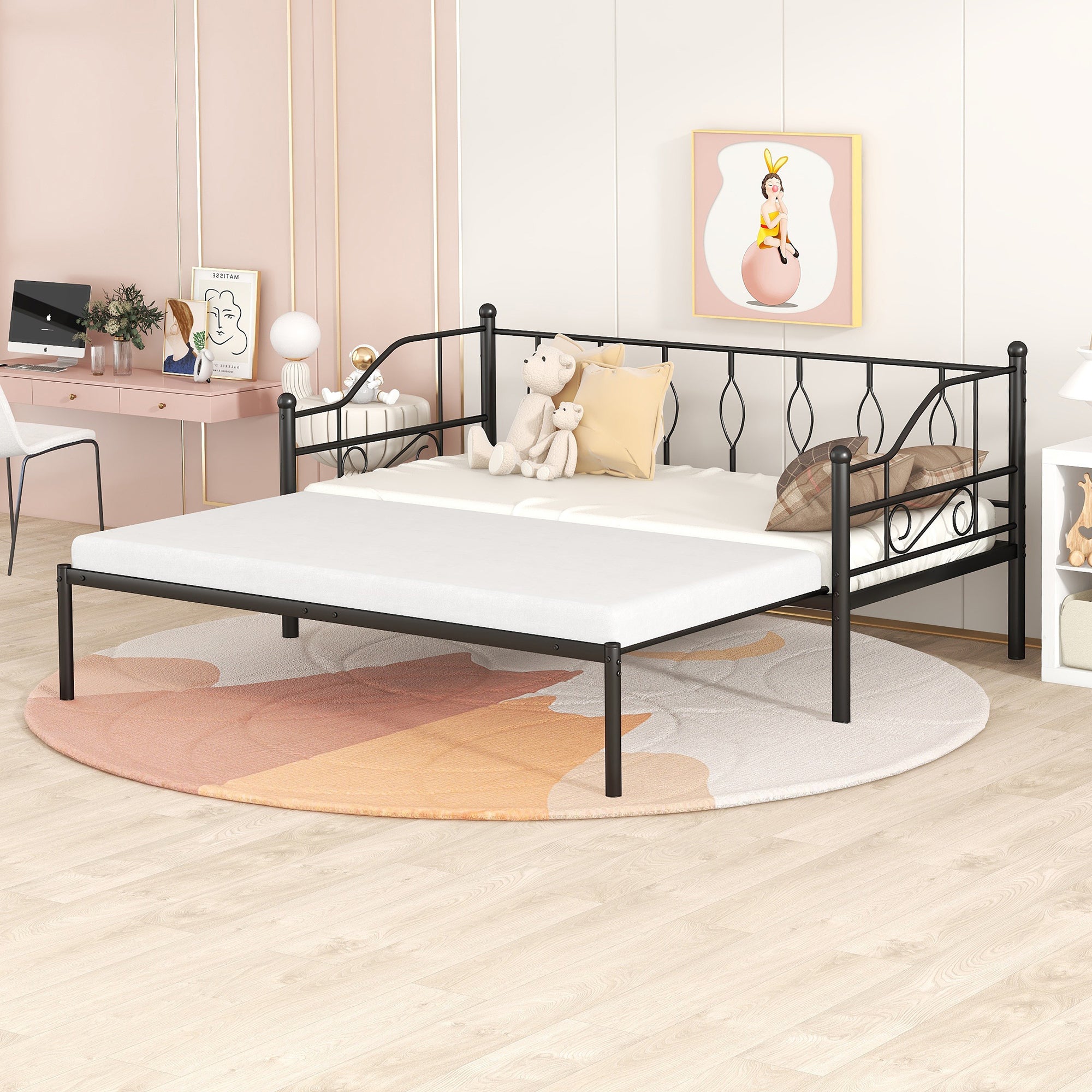 Twin Size Metal Daybed with Trundle, Daybed with Slat No Box required Black - Atlantic Fine Furniture Melbourne FL