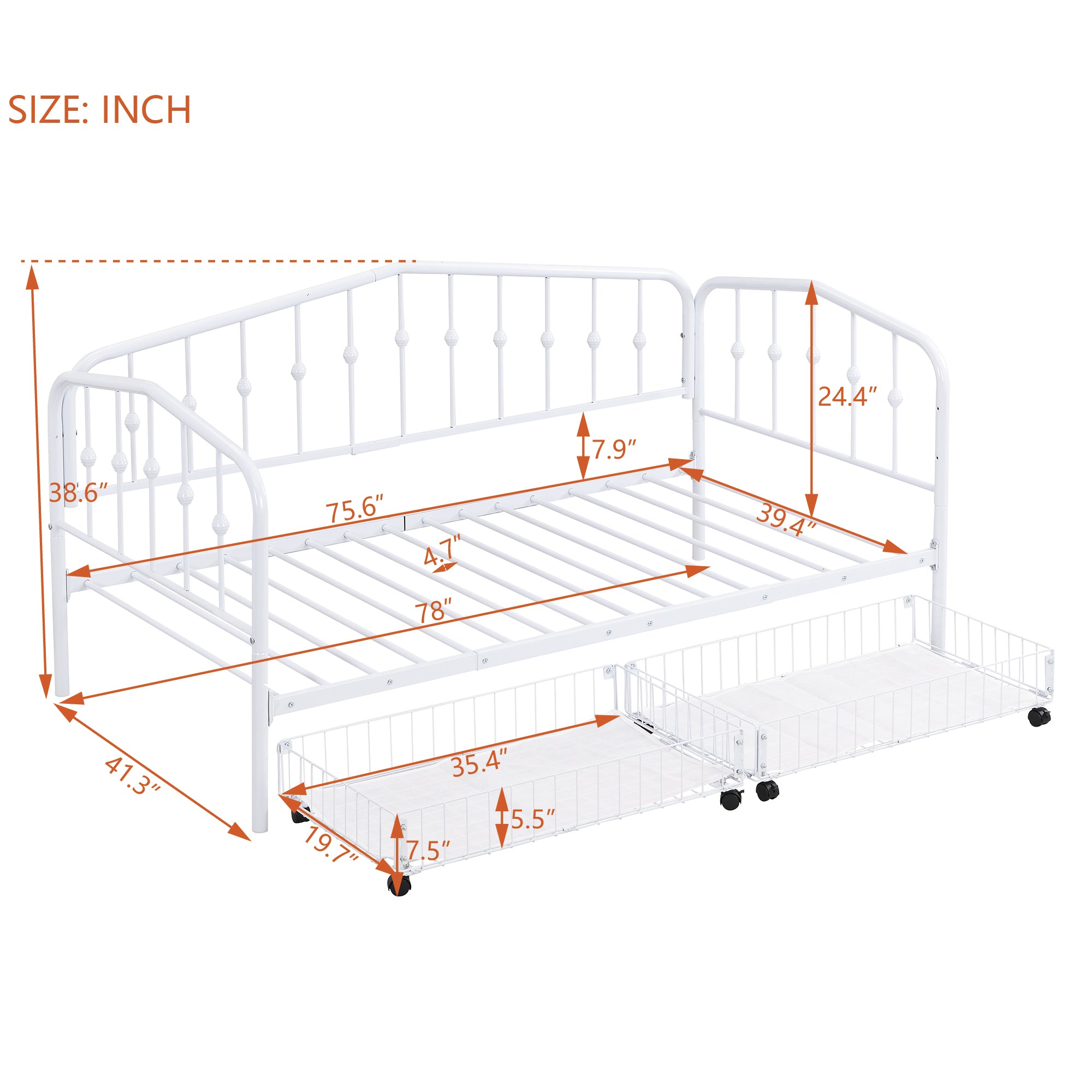 Twin Size Stylish Metal Daybed with 2 Drawers, White