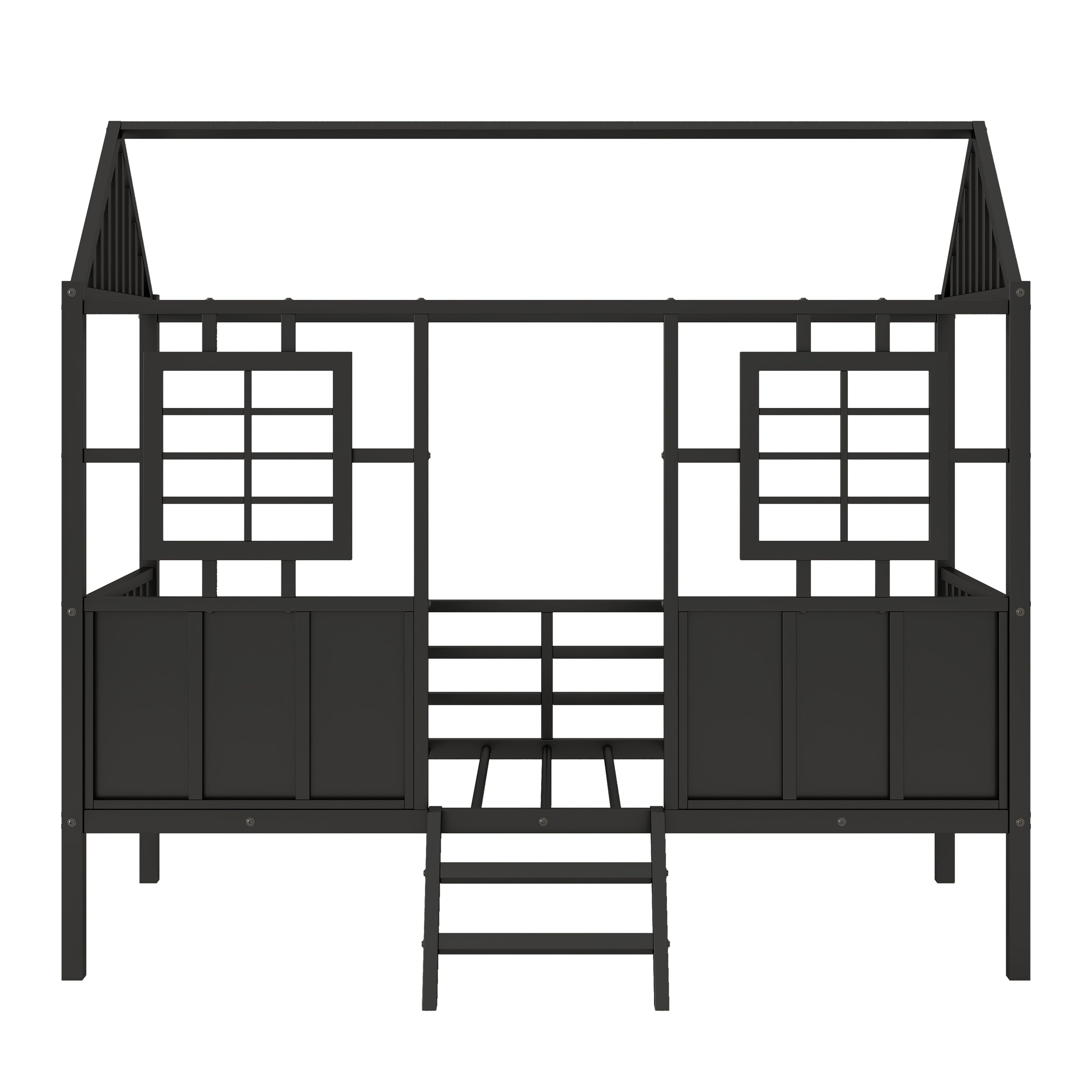 Twin Size Metal Low Loft House Bed with Roof and Two Front Windows , Black - Atlantic Fine Furniture Melbourne FL