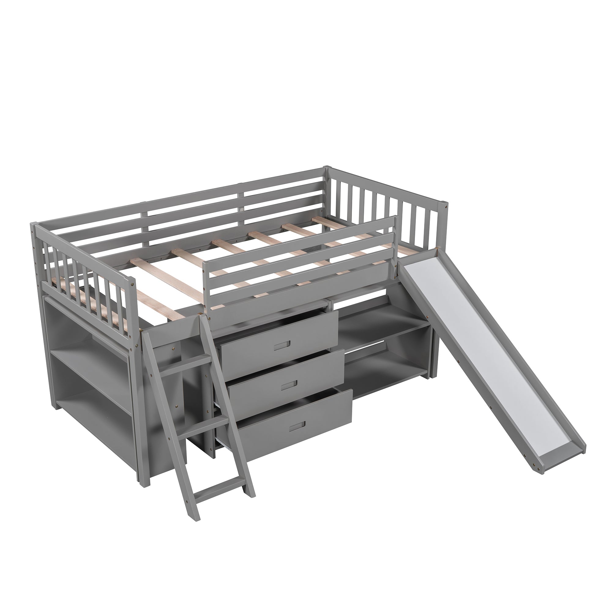 Low Loft Bed with Attached Bookcases and Separate 3-tier Drawers,Convertible Ladder and Slide,Twin,Gray - Atlantic Fine Furniture Melbourne FL