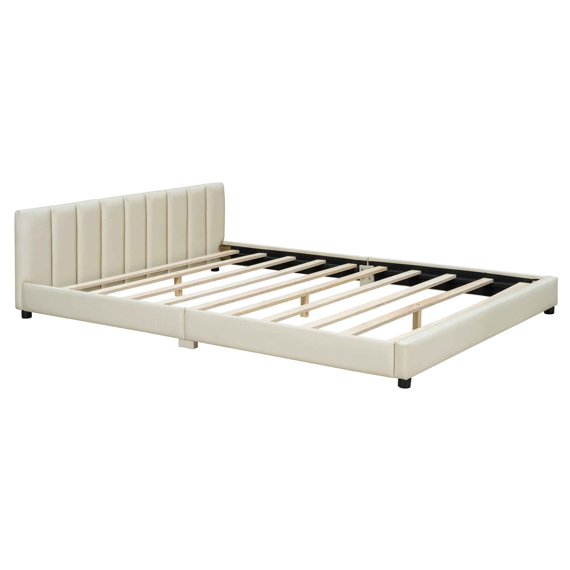 Queen Size & Twin XL Size Upholstered Platform Bed, Mother & Child Bed, PU Leather, Beige - Atlantic Fine Furniture Melbourne FL