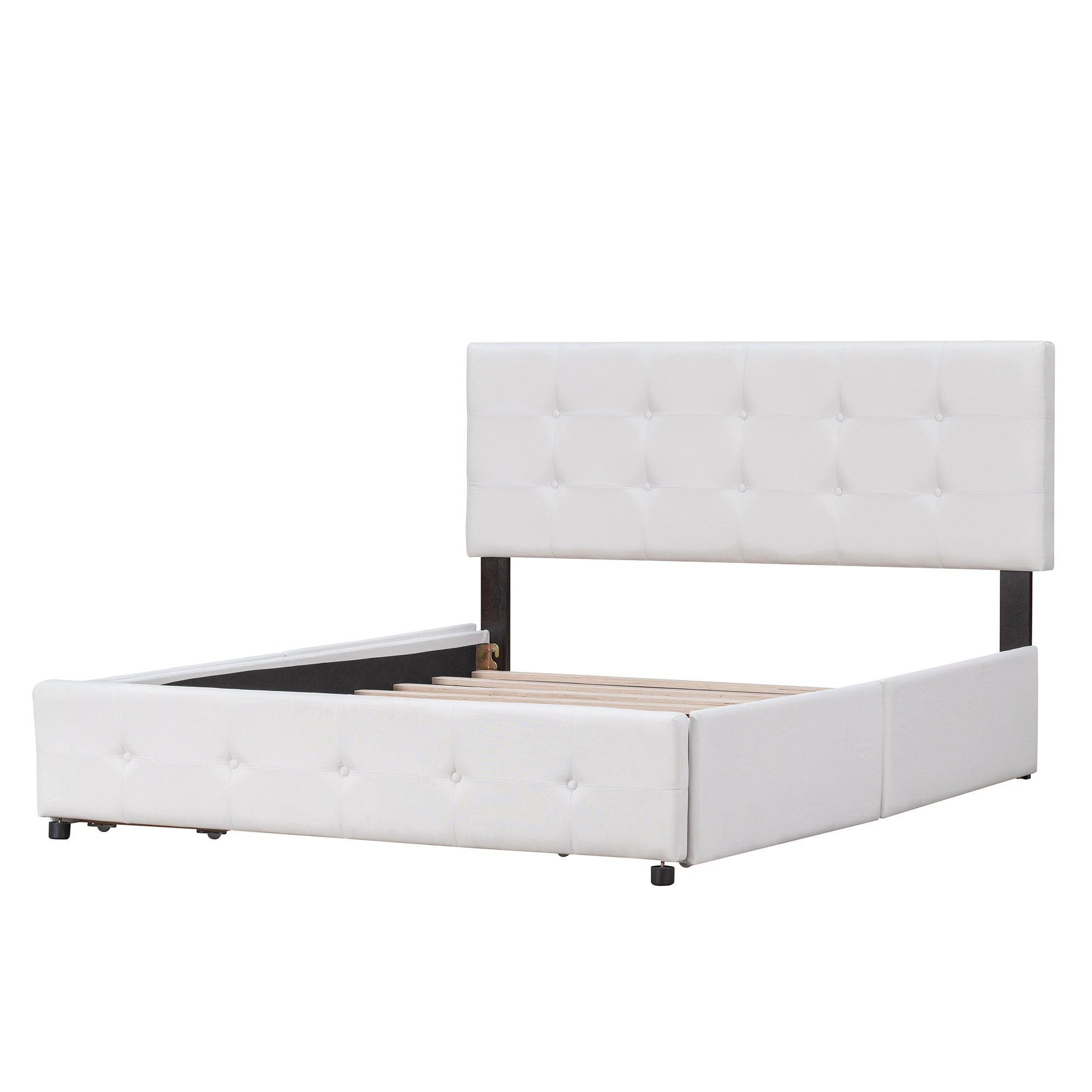 Upholstered Platform Bed with Classic Headboard and 4 Drawers, No Box Spring Needed, Linen Fabric, Queen Size White - Atlantic Fine Furniture Melbourne FL