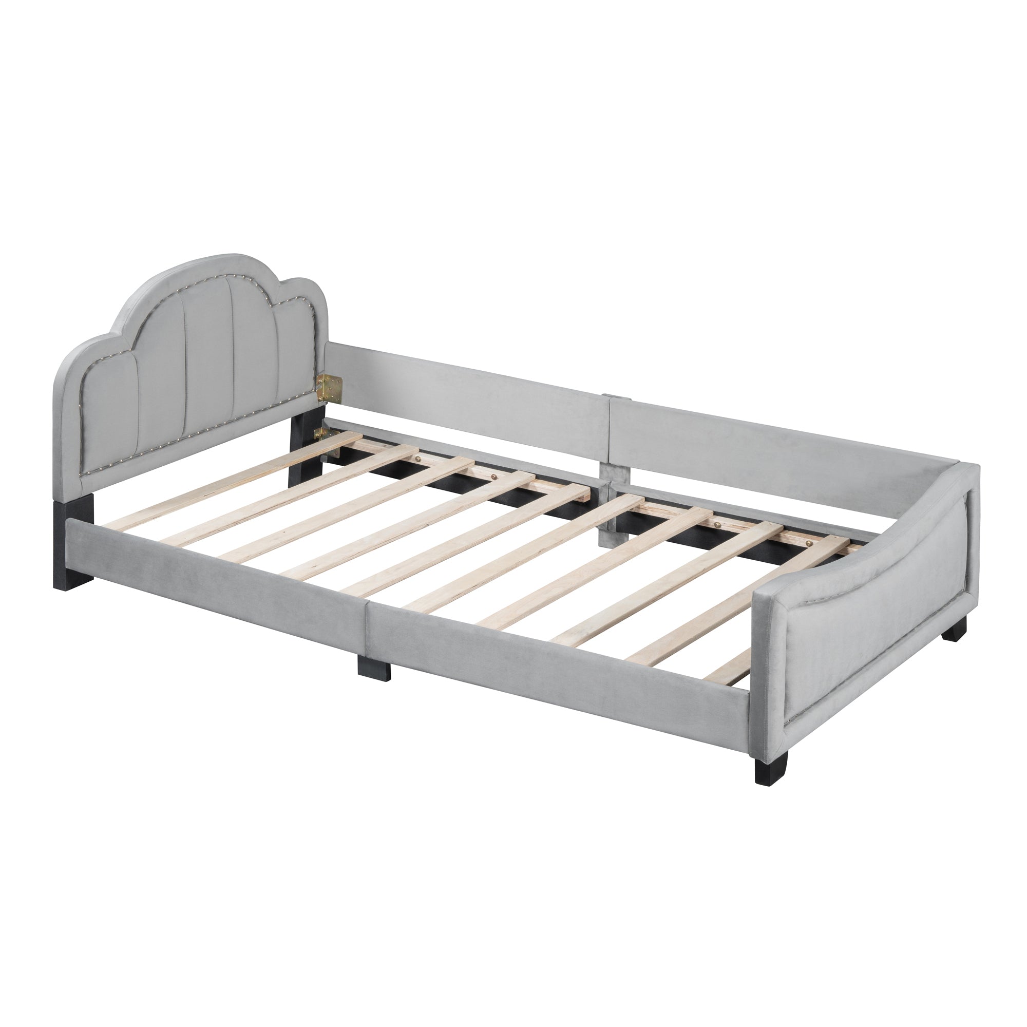 Twin Size Upholstered Daybed with Cloud Shaped Headboard, Embedded Elegant Copper Nail Design, Gray - Atlantic Fine Furniture Melbourne FL