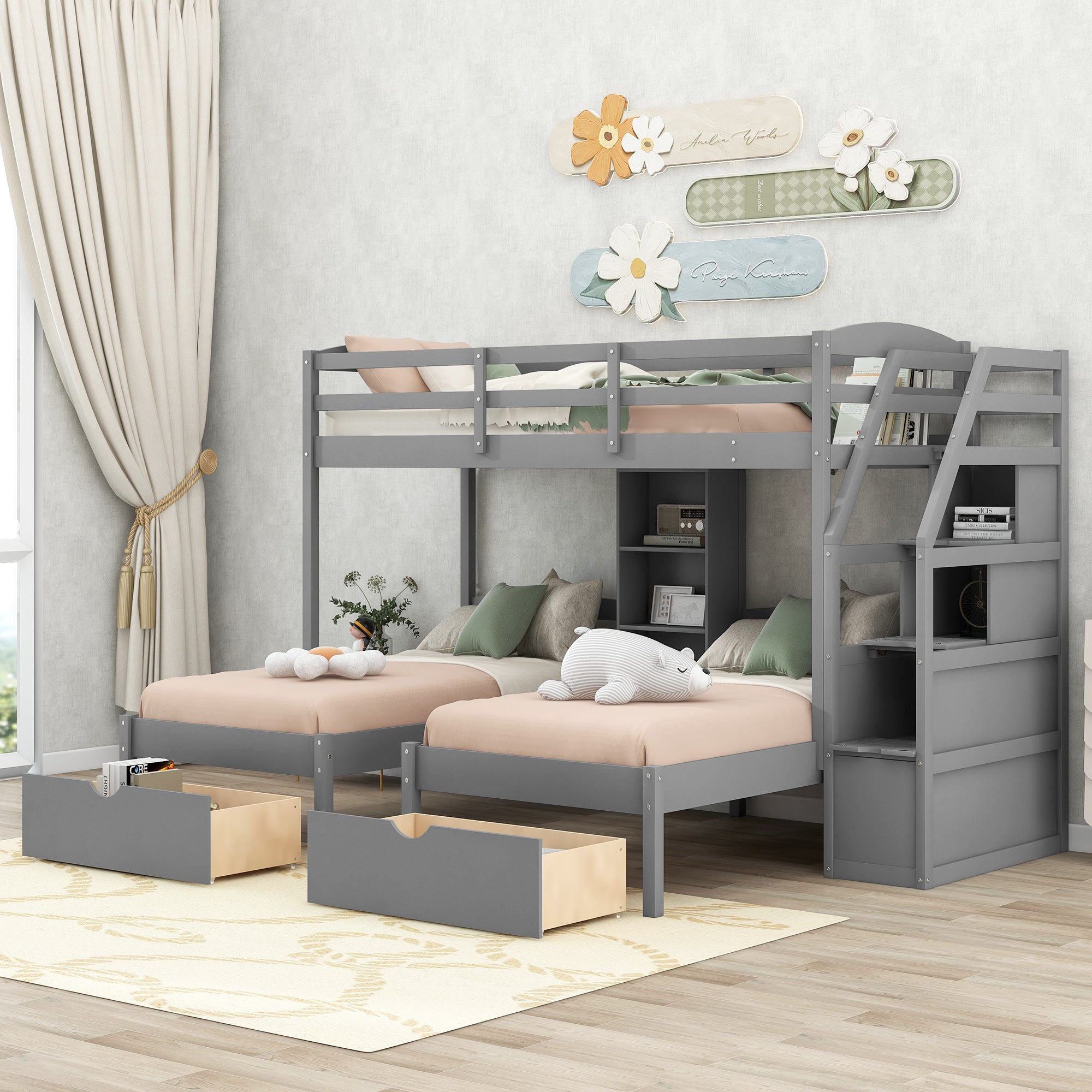 Twin over Twin&Twin Bunk Bed, Triple Bunk Bed with Drawers, Staircase with Storage, Built-in Shelves, Gray - Atlantic Fine Furniture Melbourne FL