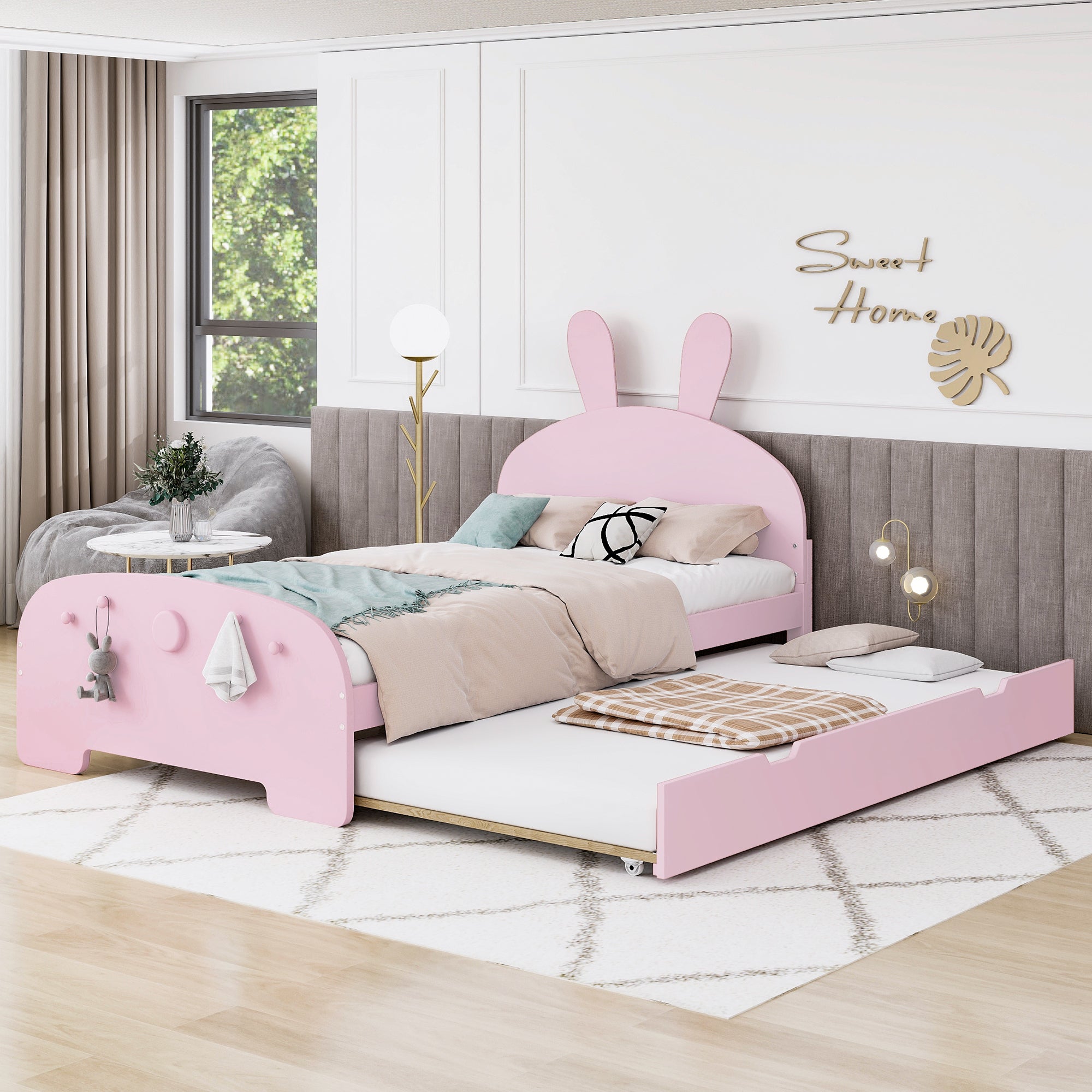 Wood Twin Size Platform Bed with Cartoon Ears Shaped Headboard and Trundle, Pink - Atlantic Fine Furniture Melbourne FL