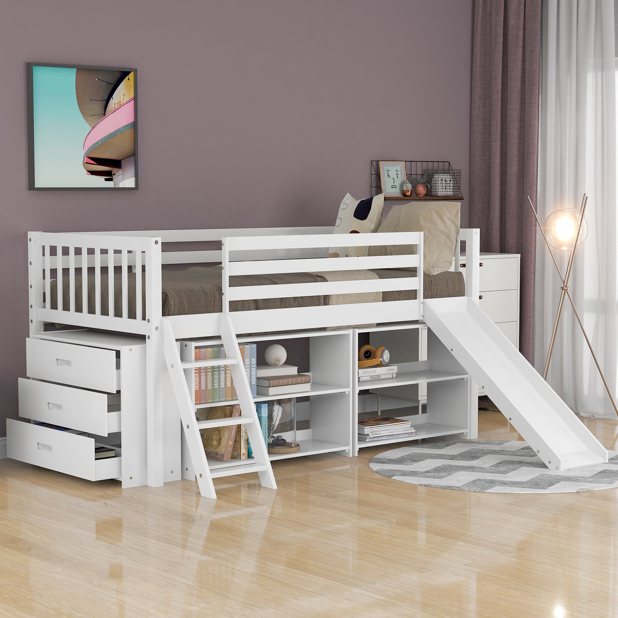 Low Loft Bed with Attached Bookcases and Separate 3-tier Drawers,Convertible Ladder and Slide,Twin,White - Atlantic Fine Furniture Melbourne FL
