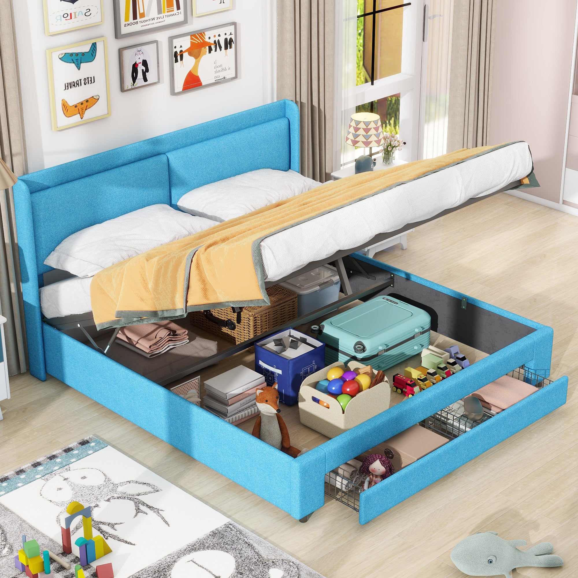 Queen Size Storage Upholstered Hydraulic Platform Bed with 2 Drawers, Blue - Atlantic Fine Furniture Melbourne FL