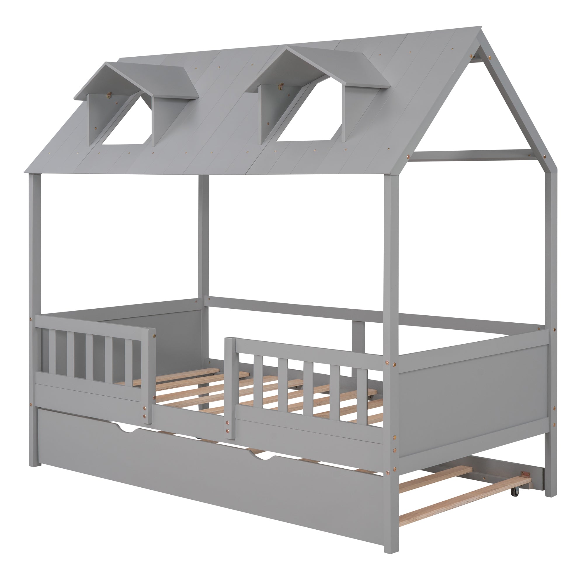 Twin Size House Bed Wood Bed with Twin Size Trundle ( Gray ) - Atlantic Fine Furniture Melbourne FL